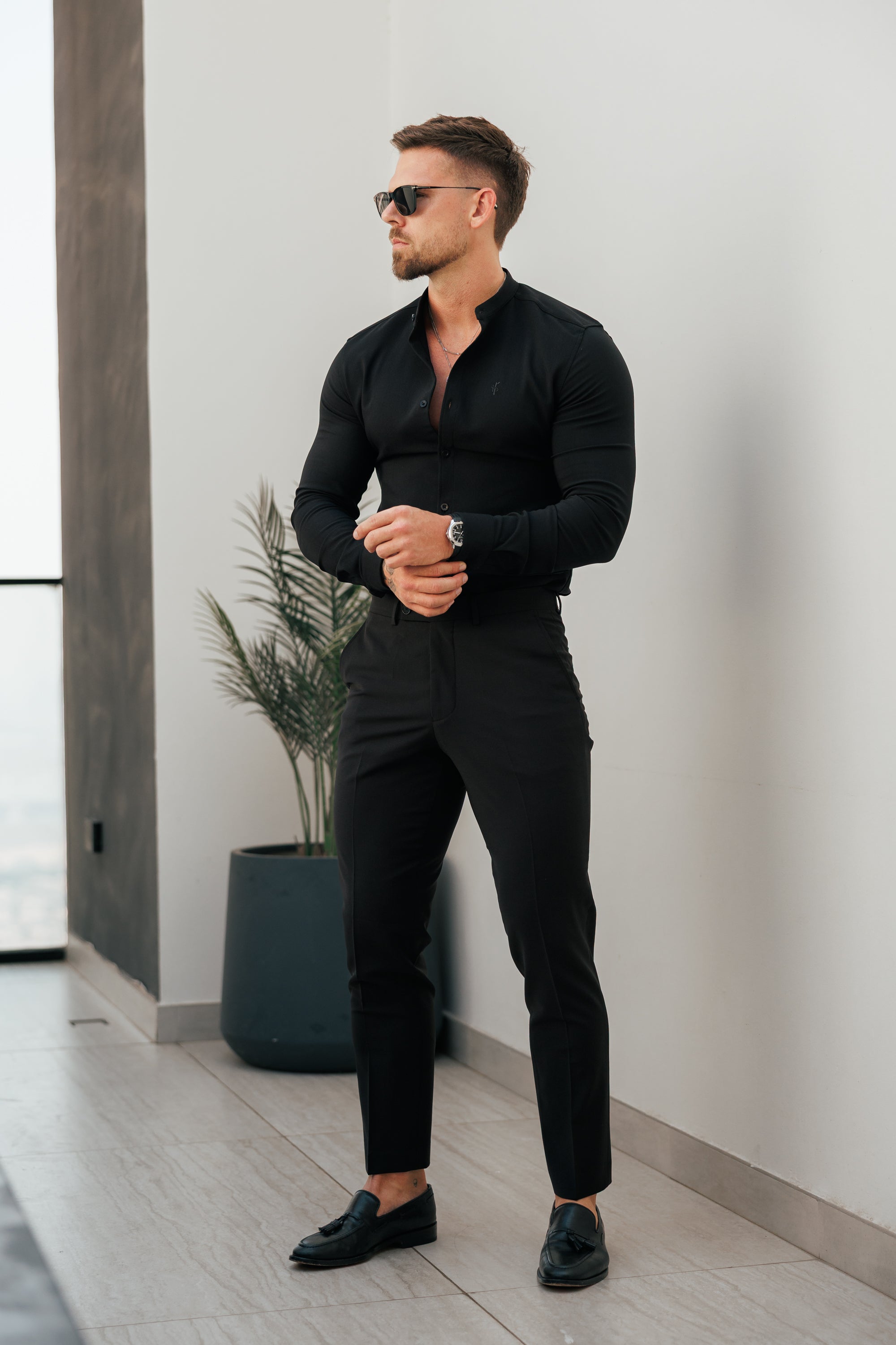 Super Slim Scuba Black Long Sleeve Stretch with Grandad Collar - FS1171