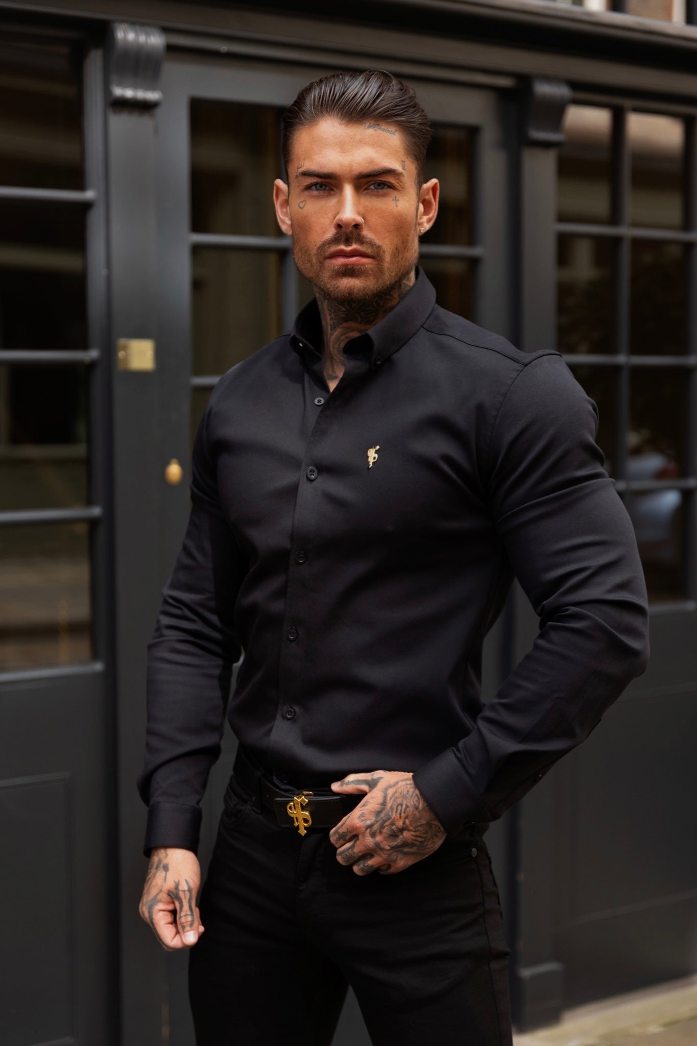 Super Slim Stretch Black Denim Long Sleeve with Gold Metal Decal and Button Down Collar - FS1040