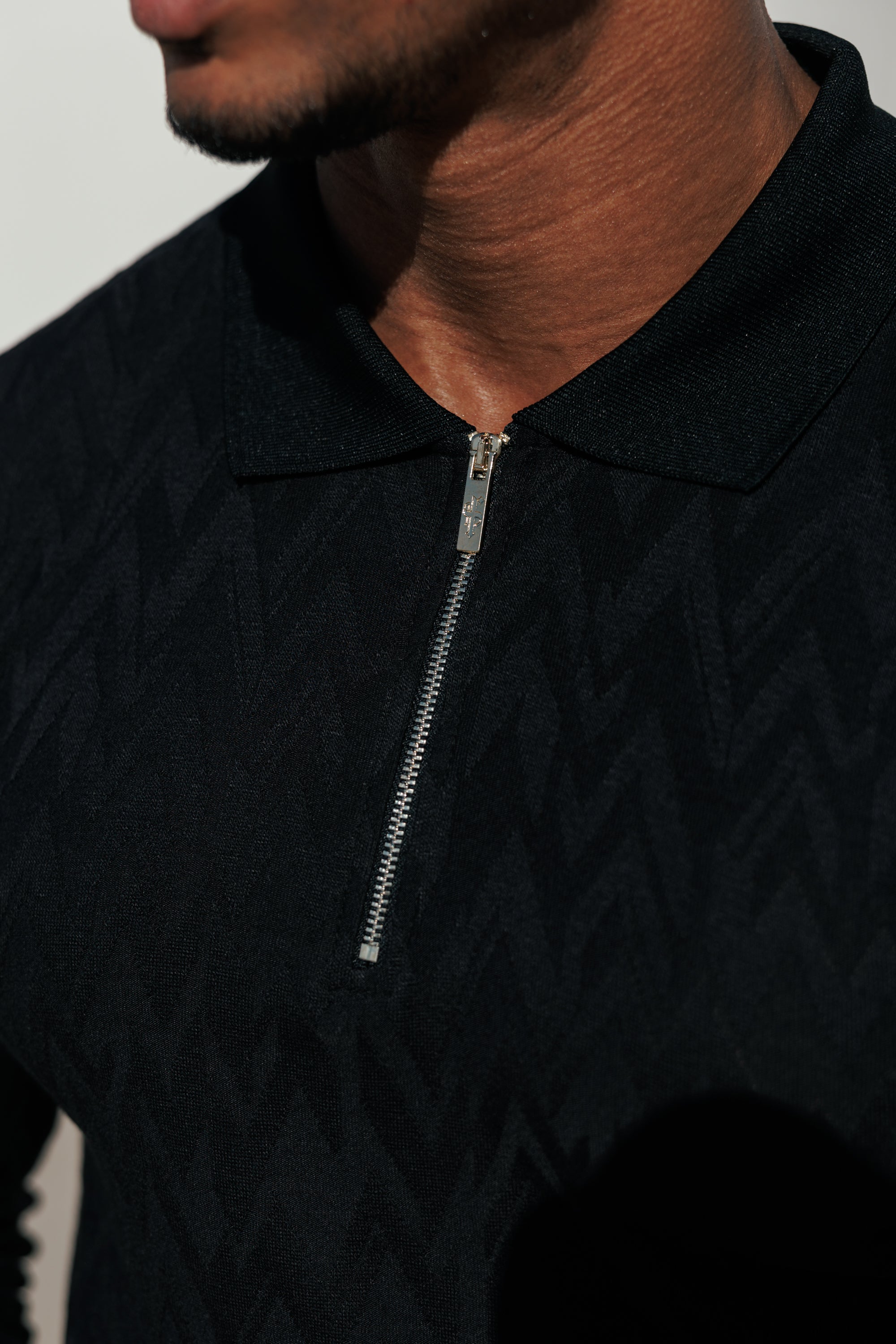 Classic Jacquard Black Chevron Zipped Polo Long Sleeve - FSR043