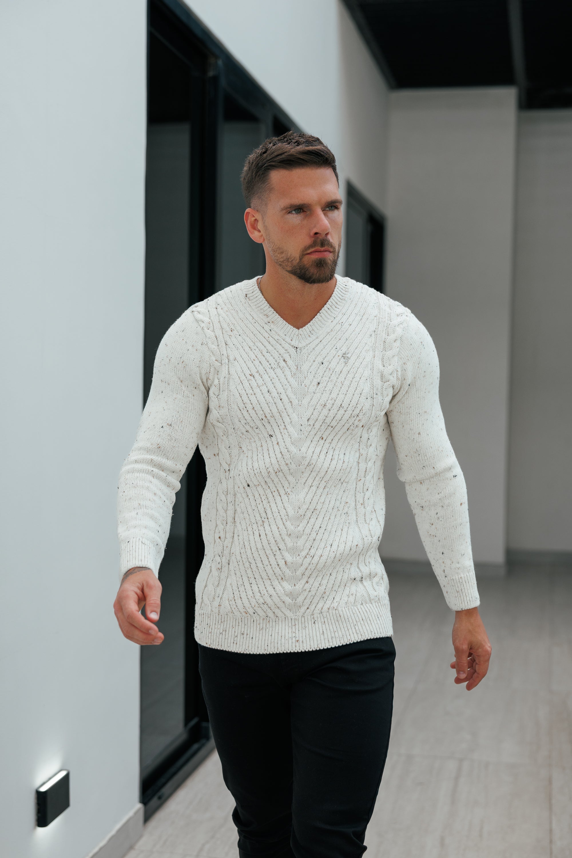 Chevron Front Beige Fleck V Neck Jumper - FSJ153