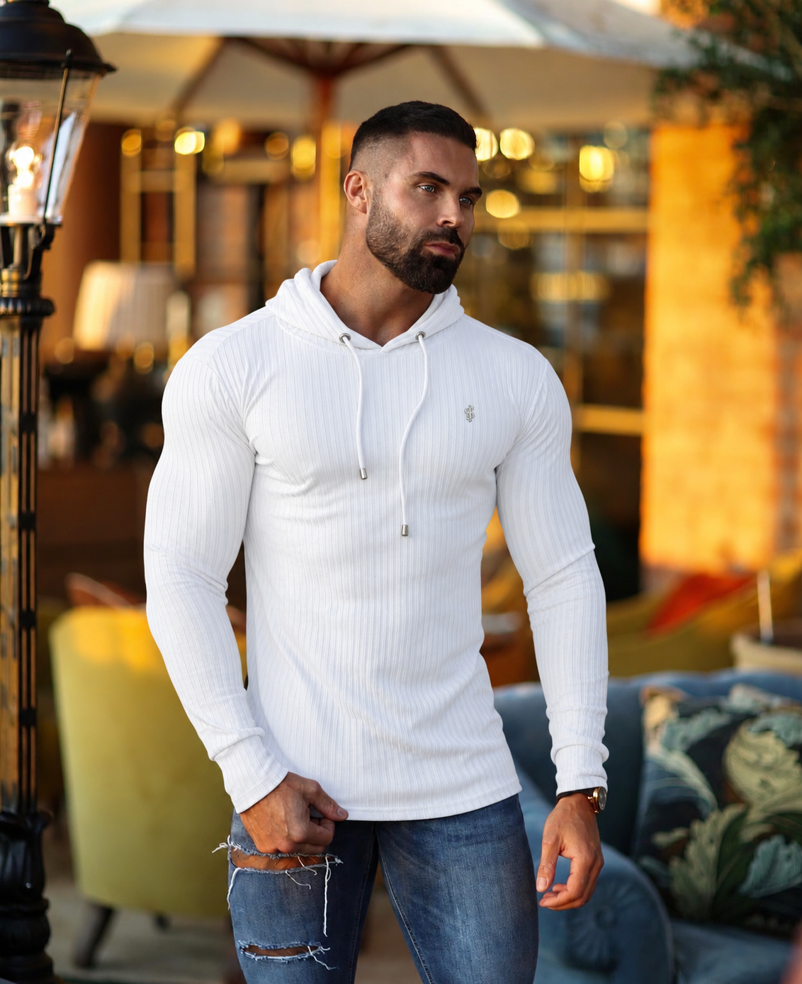 Classic White/ Silver Ribbed Knit Hoodie Jumper - FSH1711