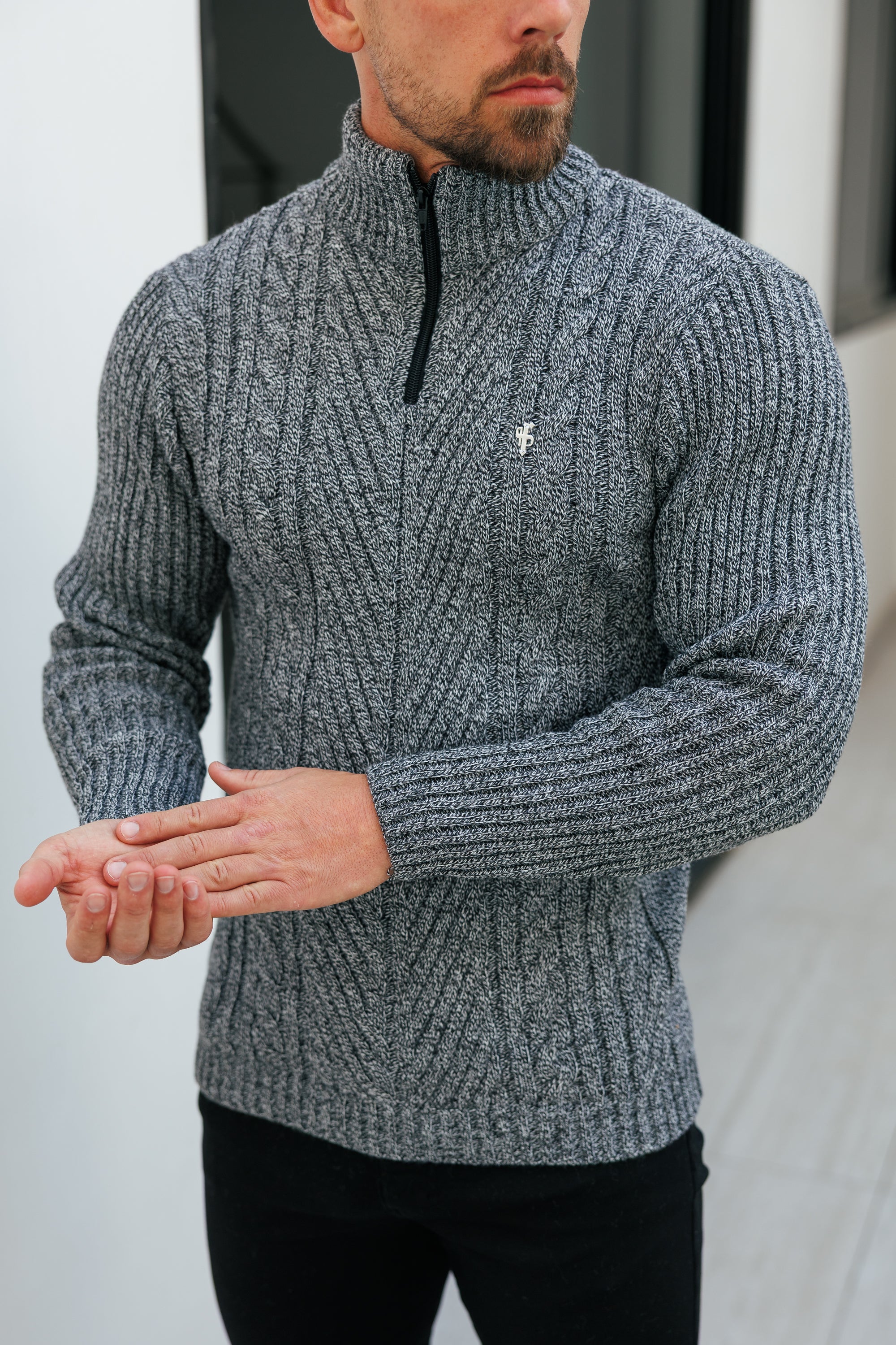 Funnel Neck Jumper with Quarter Zip Black / White Two Tone - FSJ154