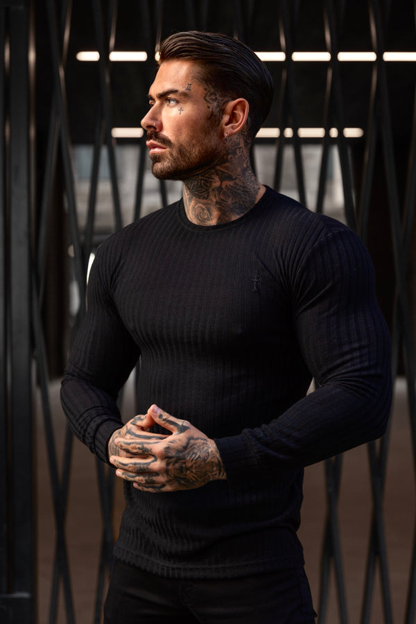 Father Sons Classic Black Ribbed Knit Sweater With Tonal Embroidery - FSH940