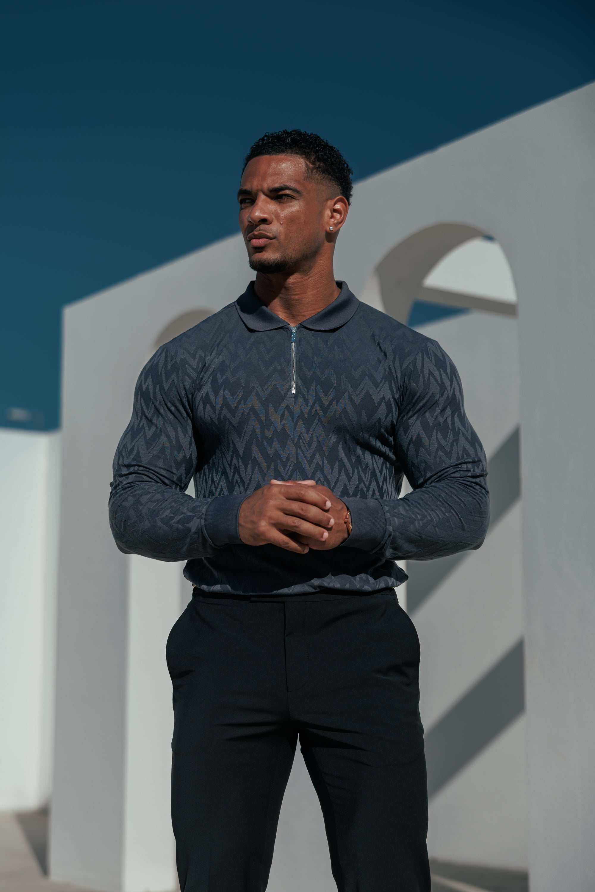 Classic Jacquard Charcoal Chevron Zipped Polo Long Sleeve - FSR044