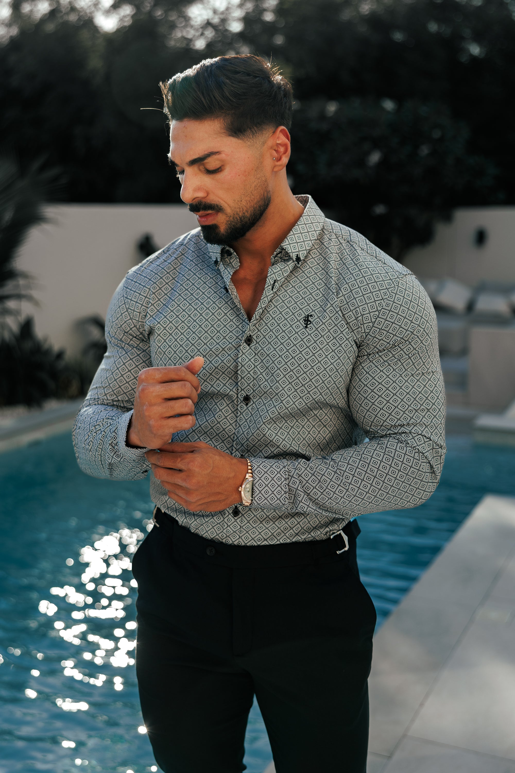 Super Slim Stretch Black / White Diamond Print Long Sleeve with Button Down Collar - FS1226