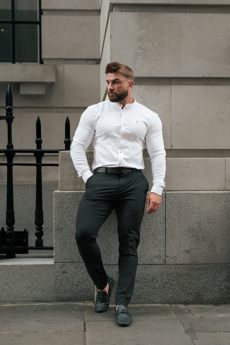 Father Sons Super Slim Scuba White / Gold Long Sleeve Stretch with Grandad Collar - FS1193