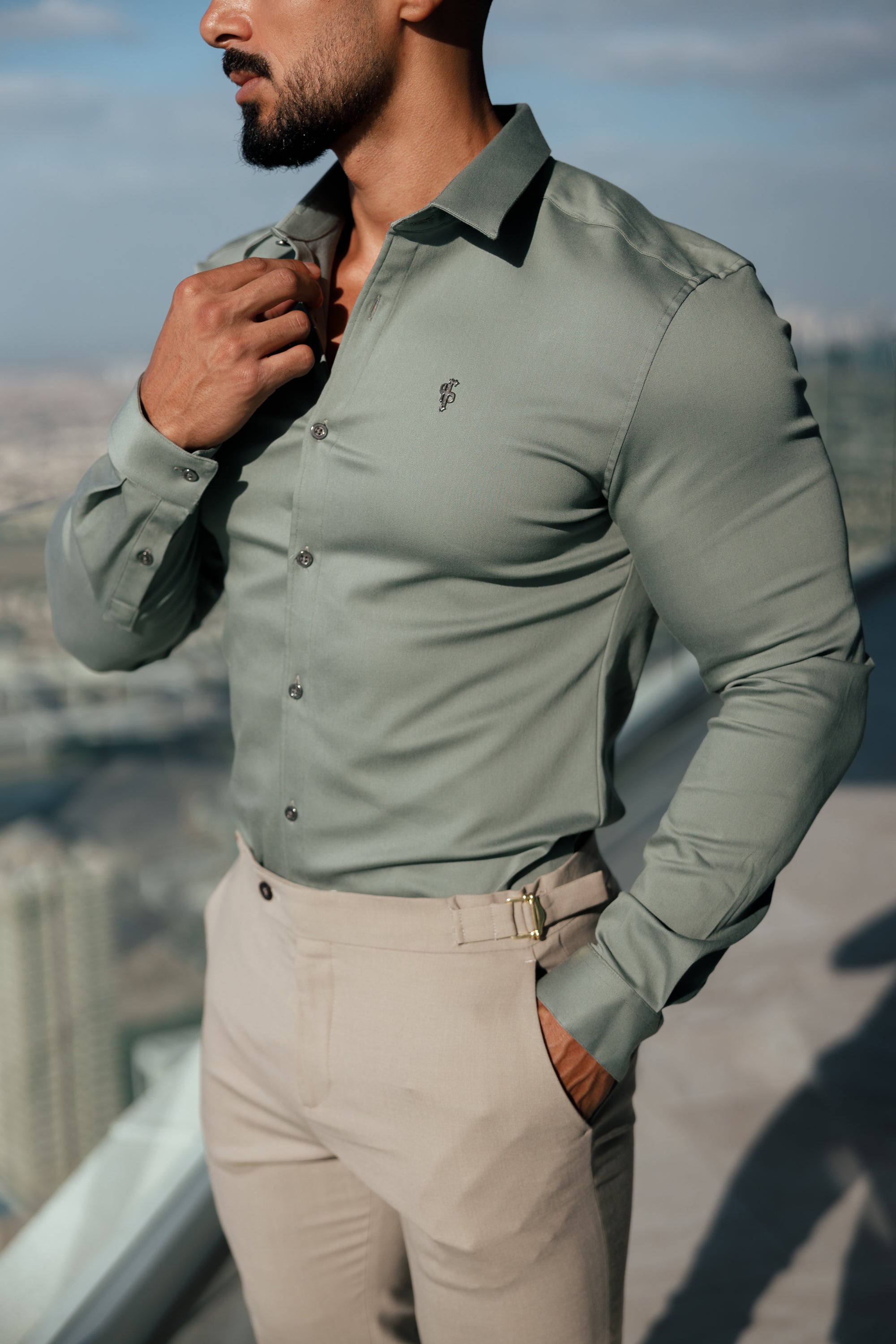 Super Slim Stretch Sage Green Denim Long Sleeve With Metal Buttons and Decal - FS1020