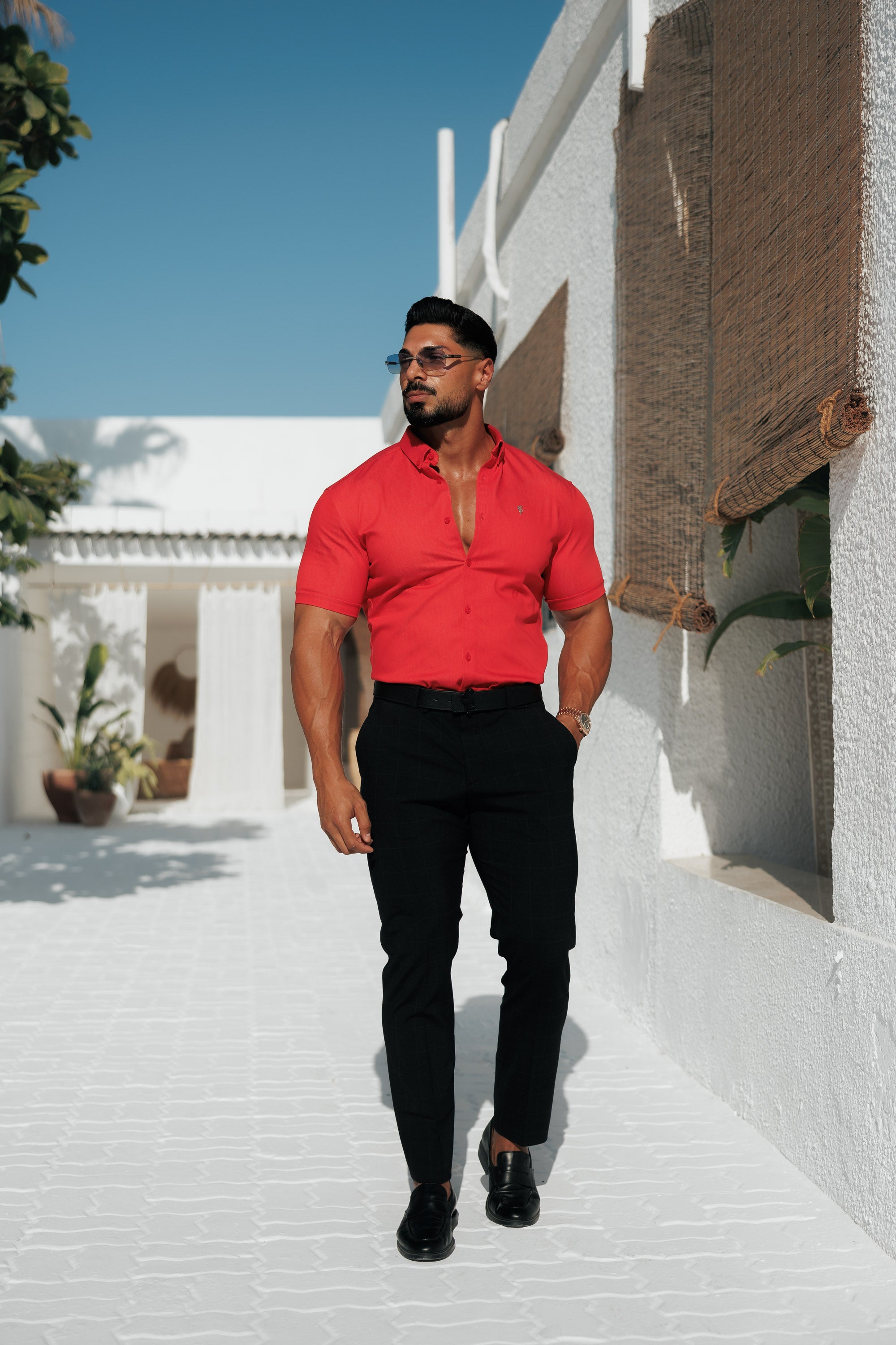 Super Slim Stretch Postbox Red Denim Short Sleeve with Button Down Collar - FS1135