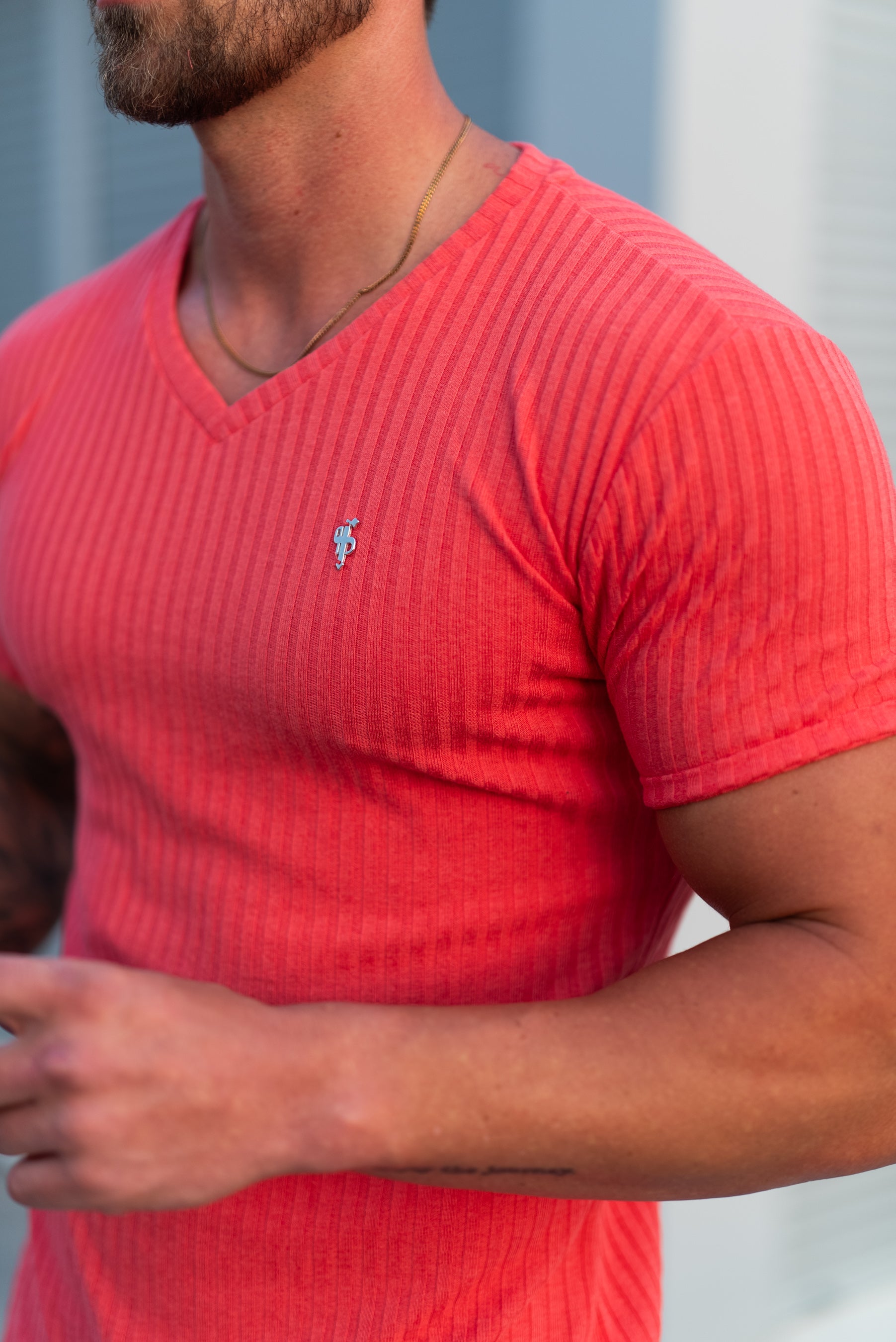 Super Slim Coral / Silver V Neck Ribbed Crew - FSH1365