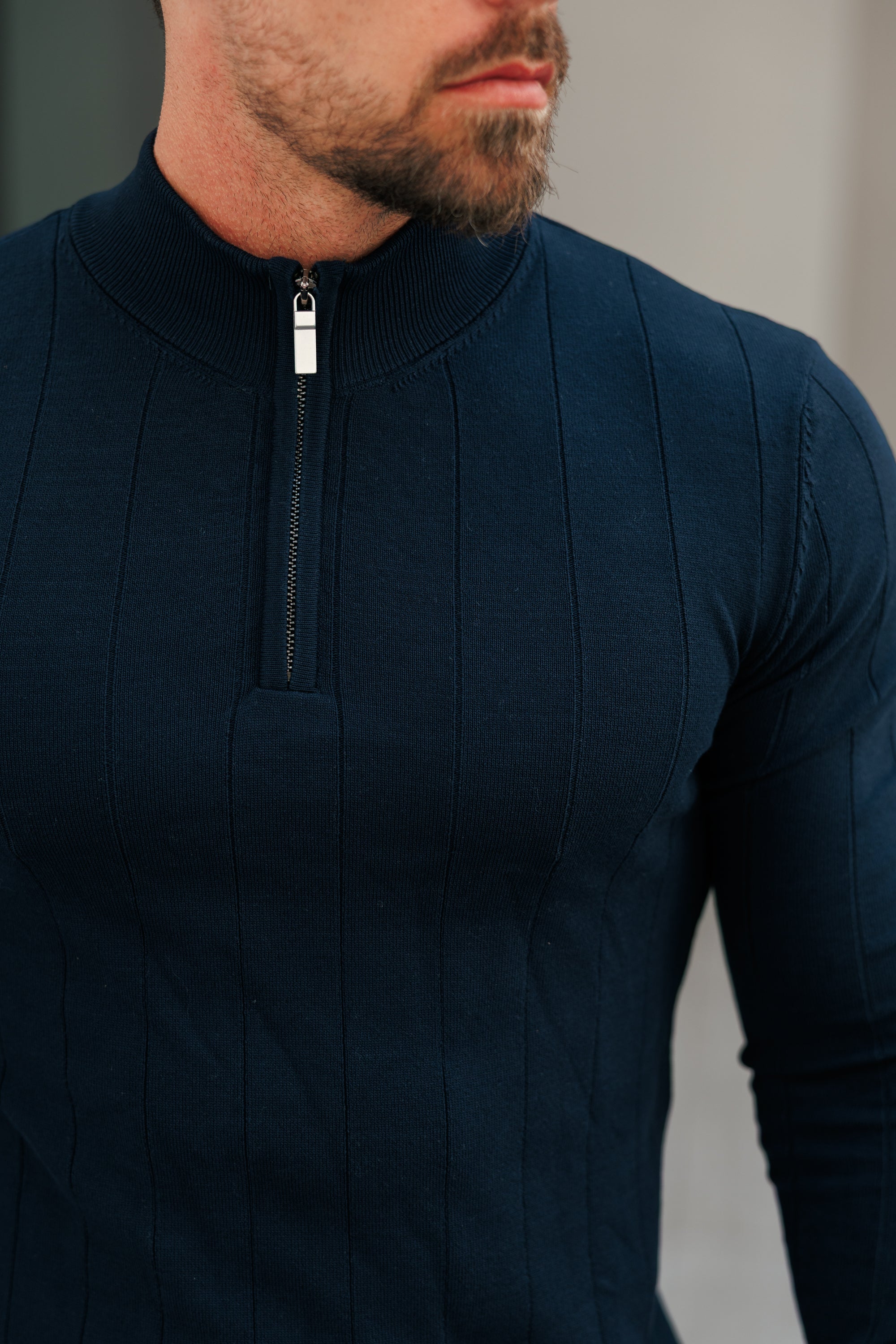 Self Stripe 1/4 Zip Funnel Neck Knit Jumper Navy Long Sleeve  -  FSR049