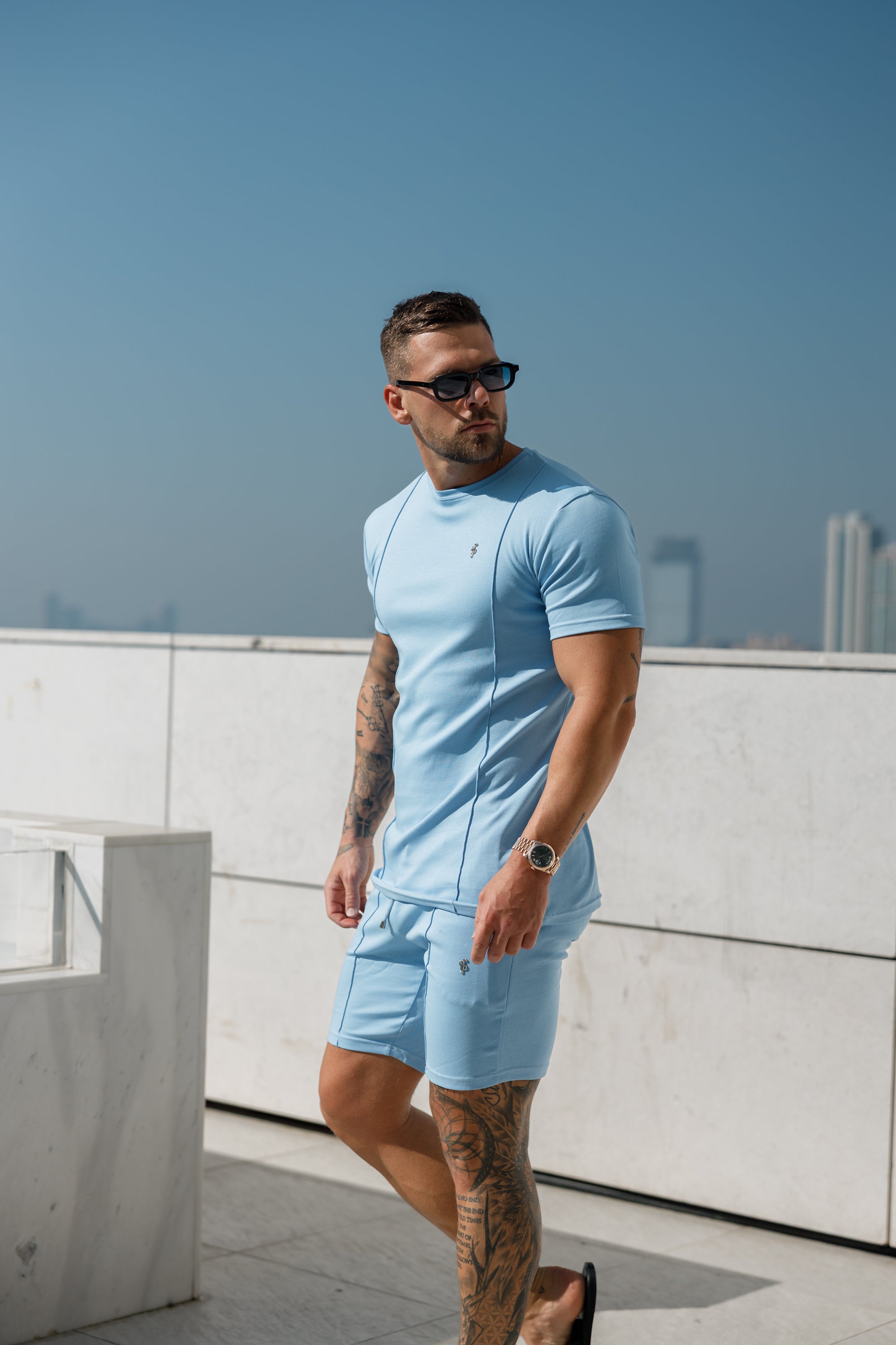 Light Blue / Silver Crew T Shirt With Pintuck Detail - FSH1051