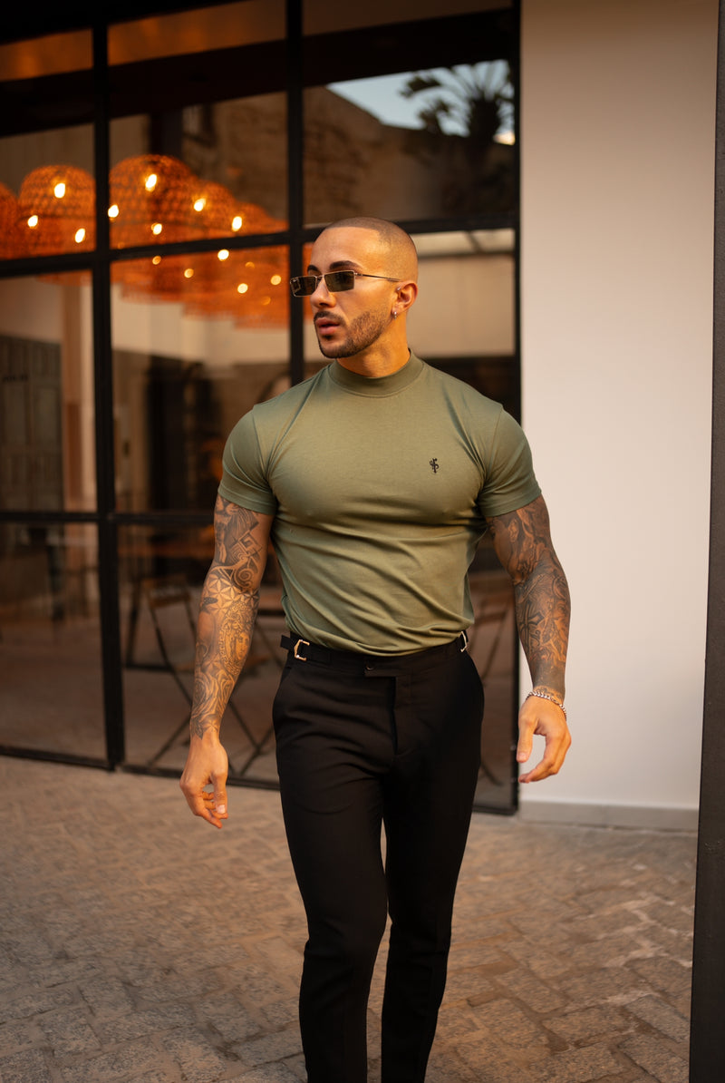 Father Sons Ribbed High Neck Crew T-Shirt Short Sleeve Khaki / Black - FSH1116