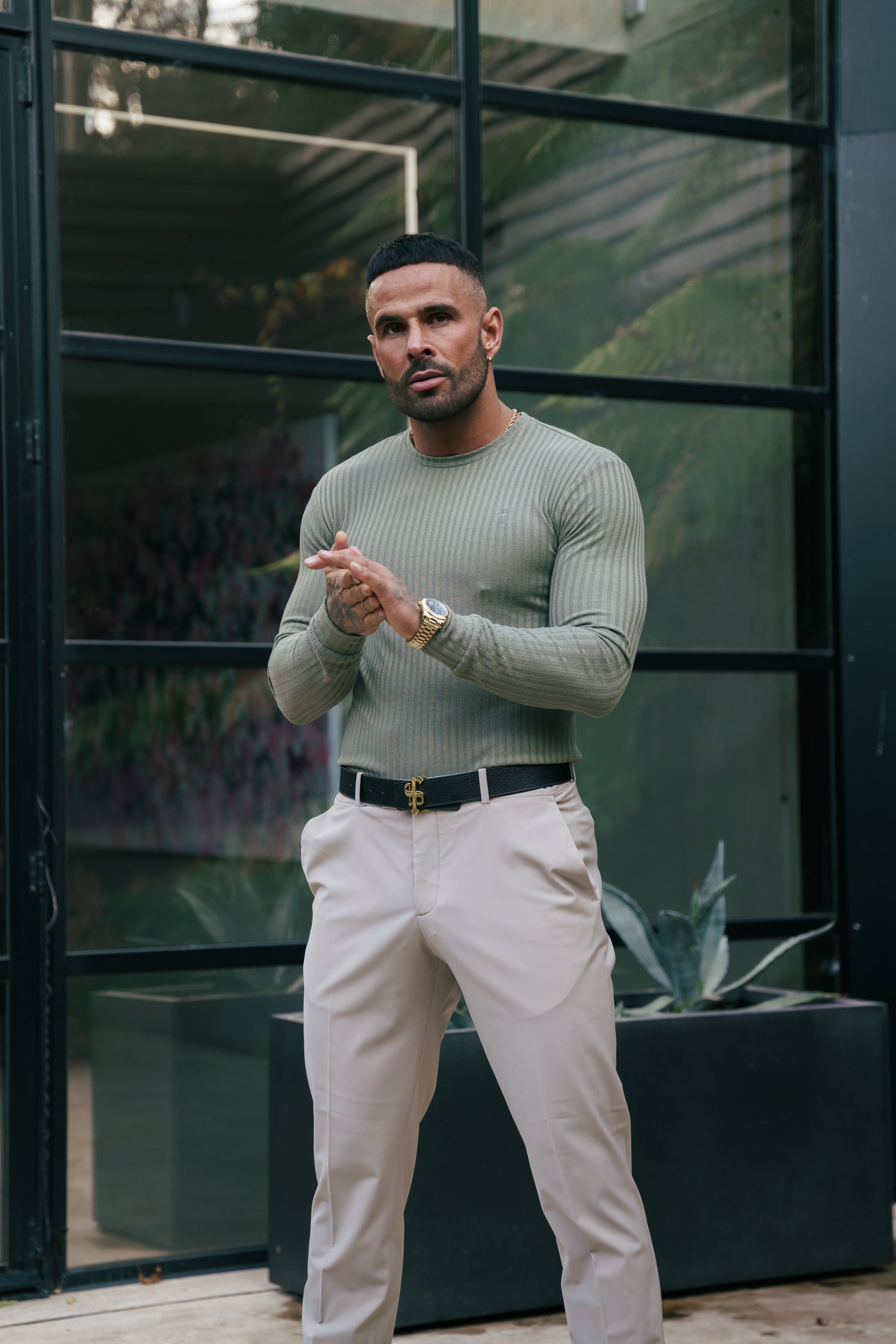 Father Sons Classic Olive Ribbed Knit Jumper With Tonal Embroidery -  FSH1285