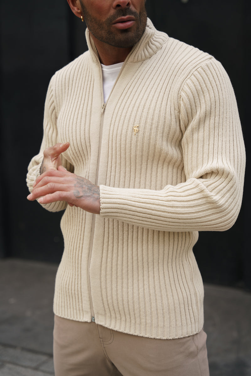 Father Sons Chunky Beige Ribbed Zipped Cardigan - FSJ069