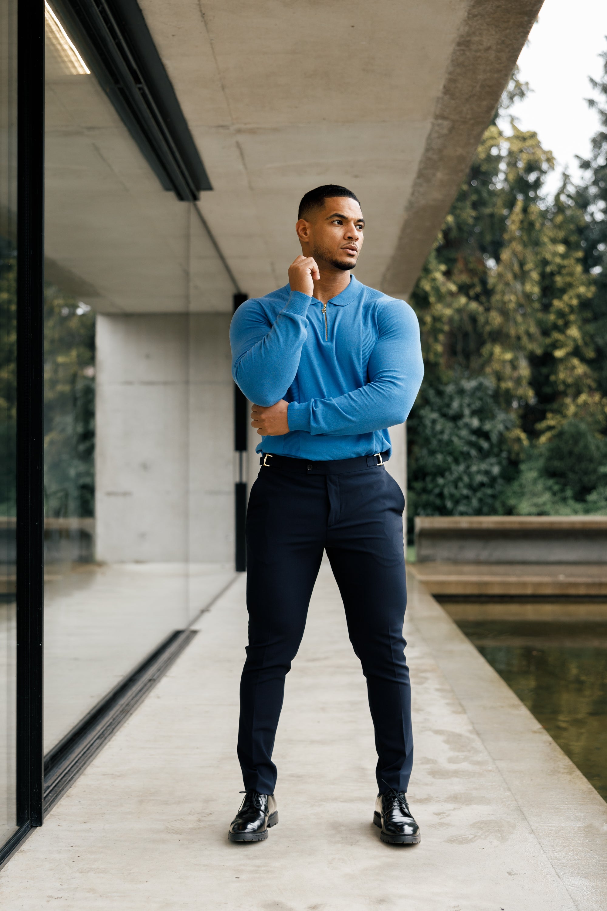 Classic Mid Blue and Gold Zip Knitted Polo Shirt Long Sleeve - FSN129