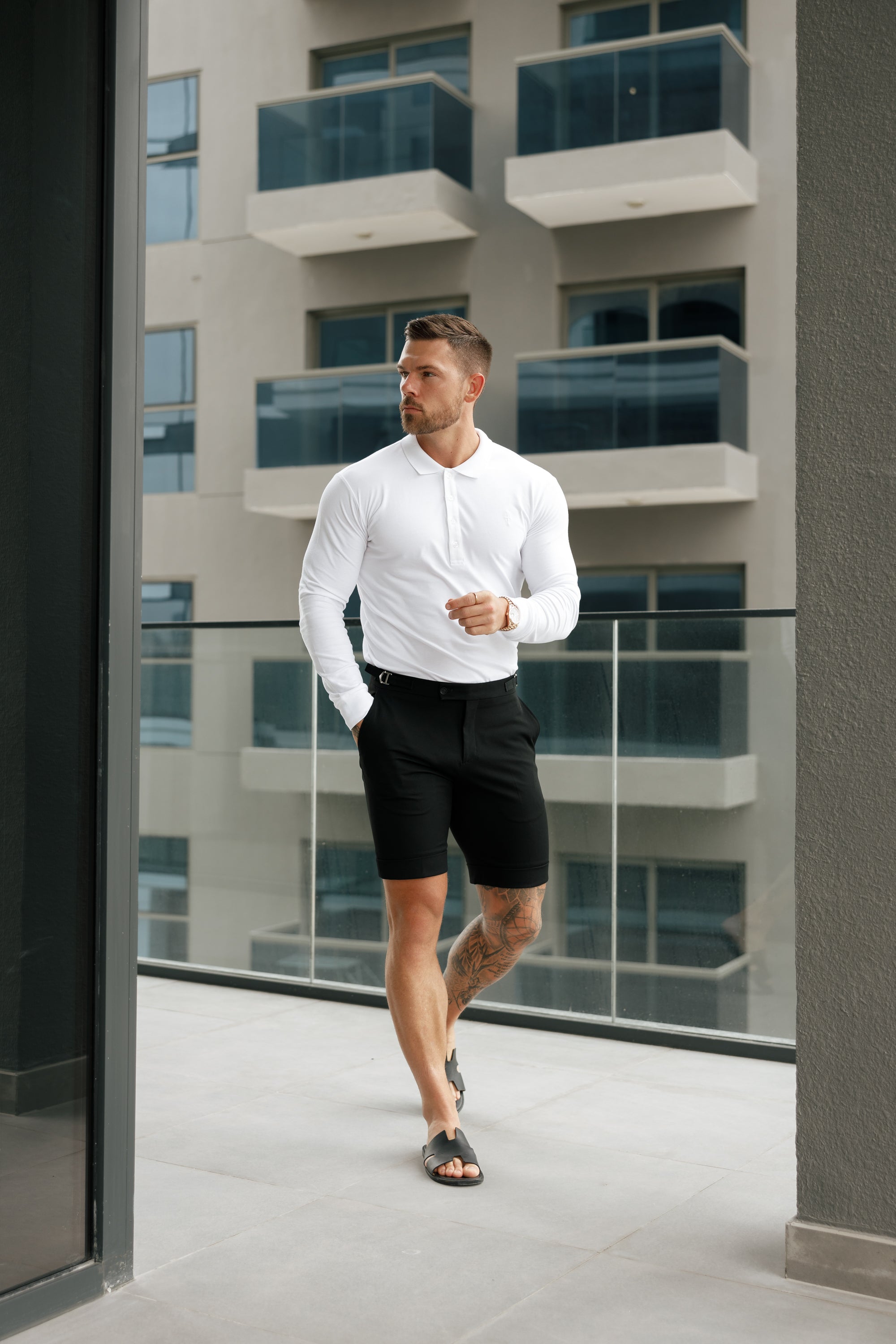 Classic White Tonal  Polo Long Sleeve Shirt - FSH858