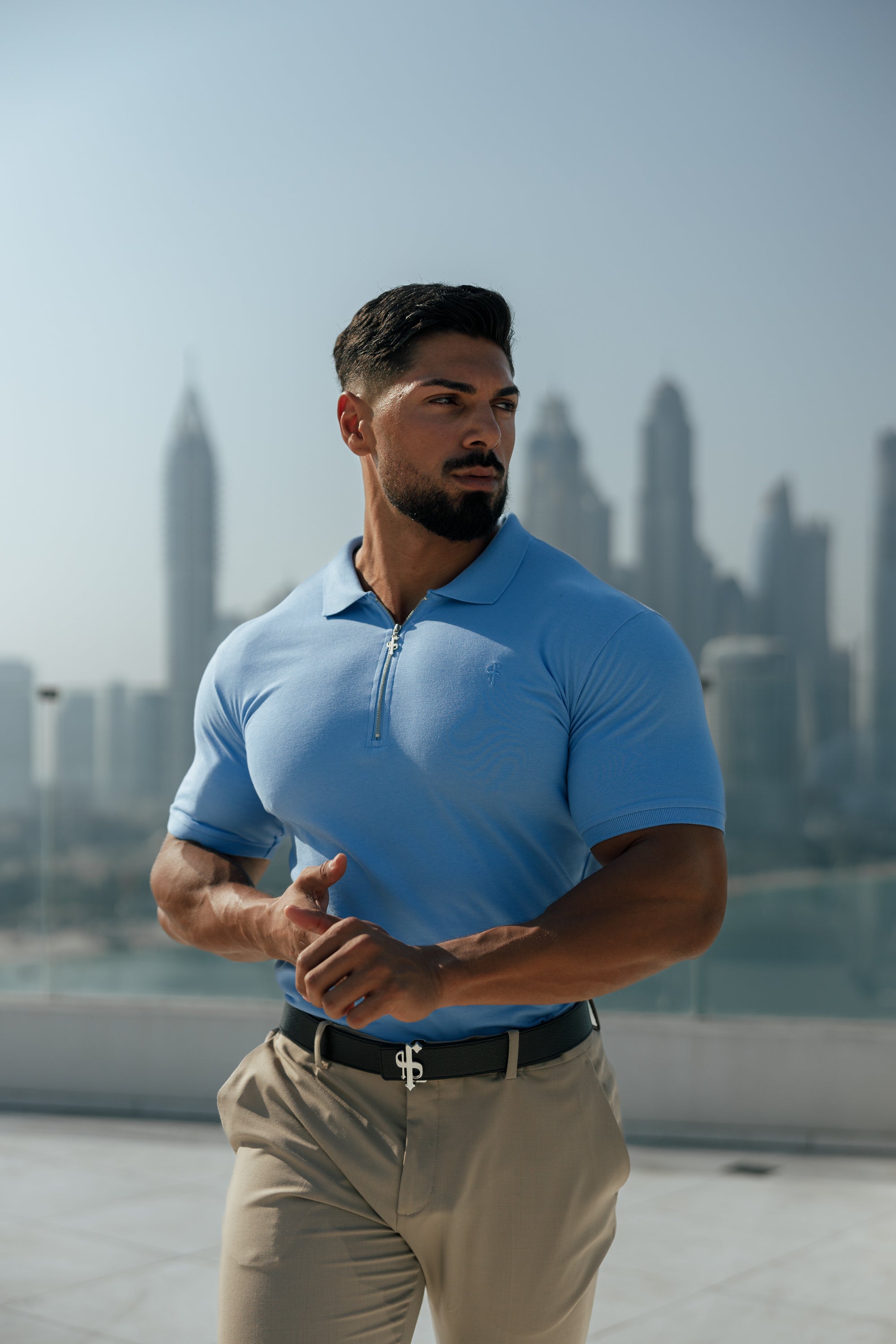 Classic Light Blue and Silver Zipped Polo Shirt - FSH856