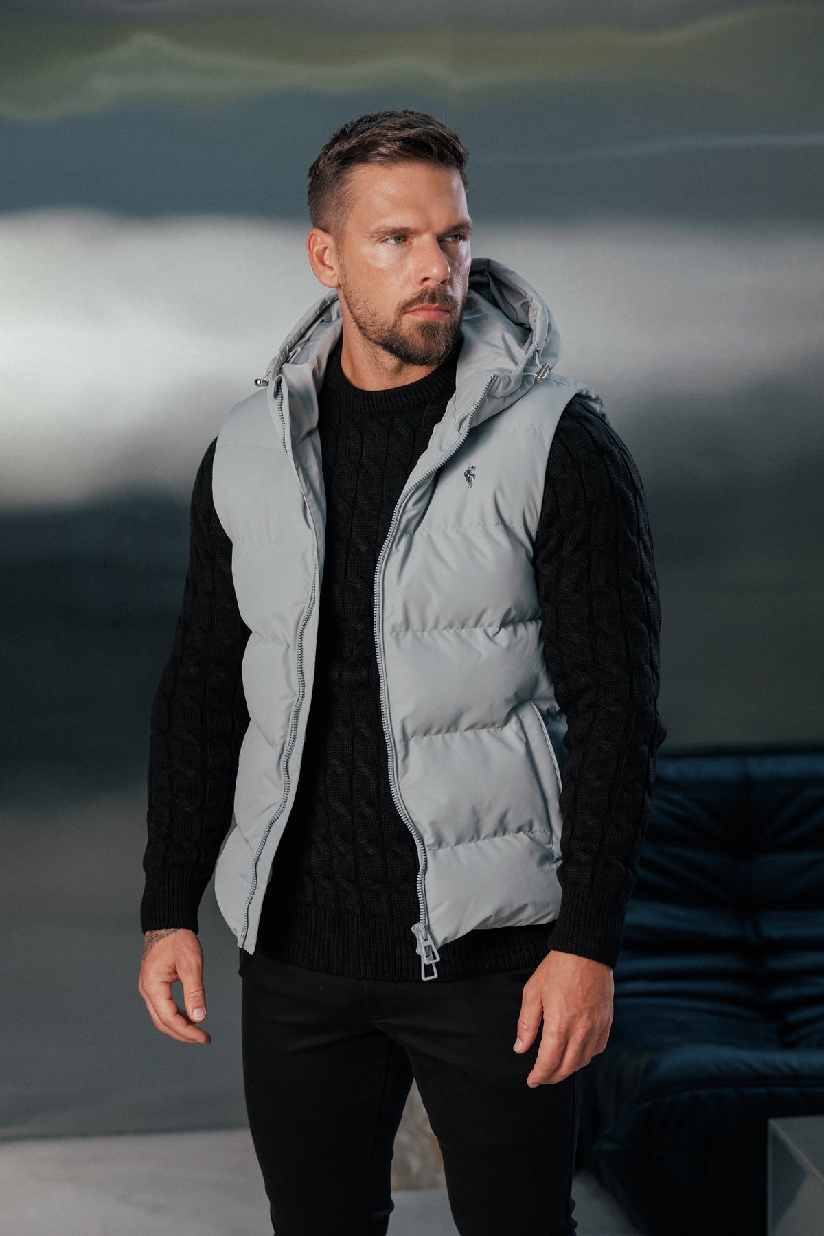 Mid Grey Padded Hooded Gilet - FSN244
