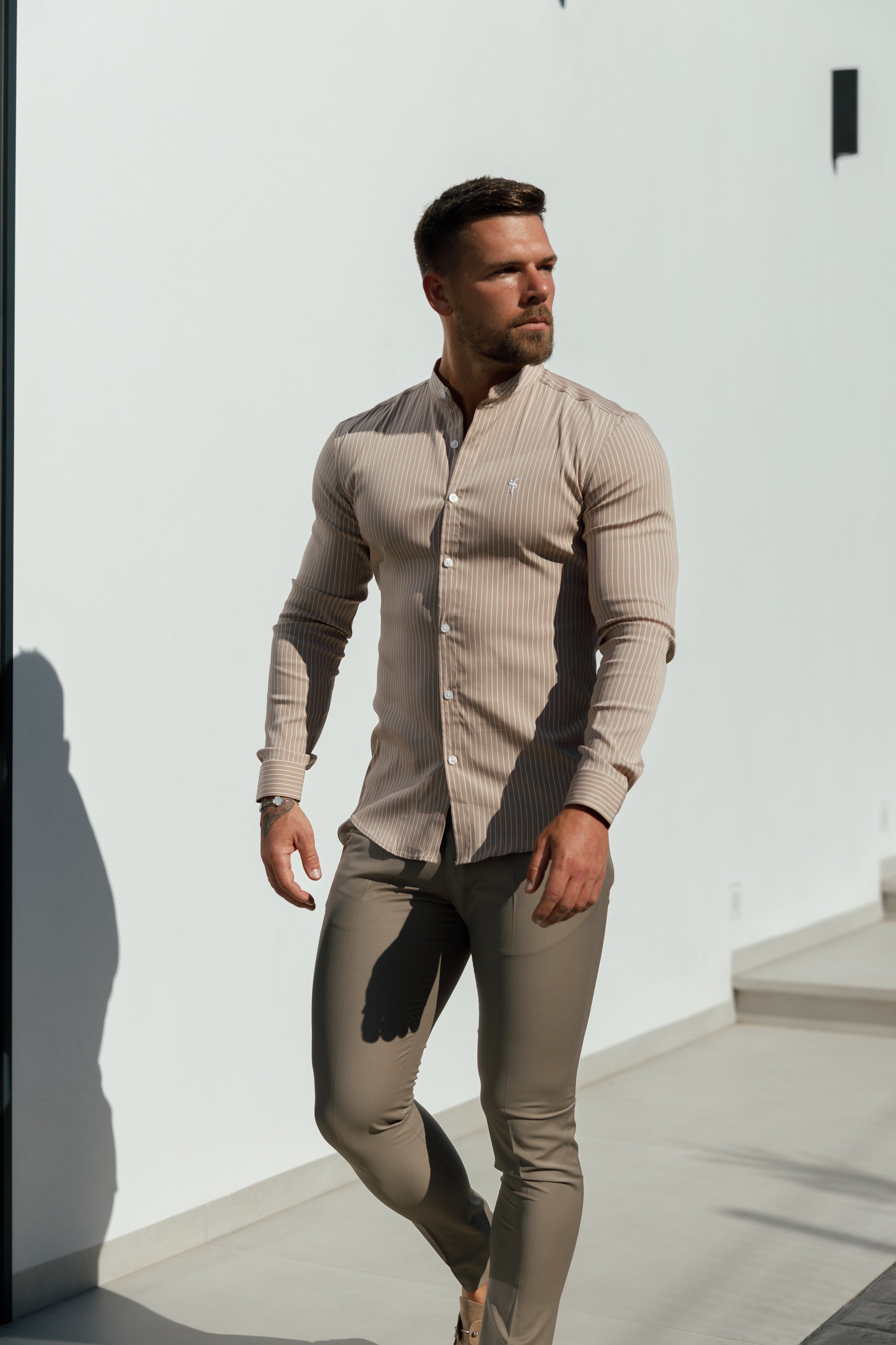 Super Slim Stretch Taupe Printed Pinstripe Long Sleeve with Grandad Collar - FS1057