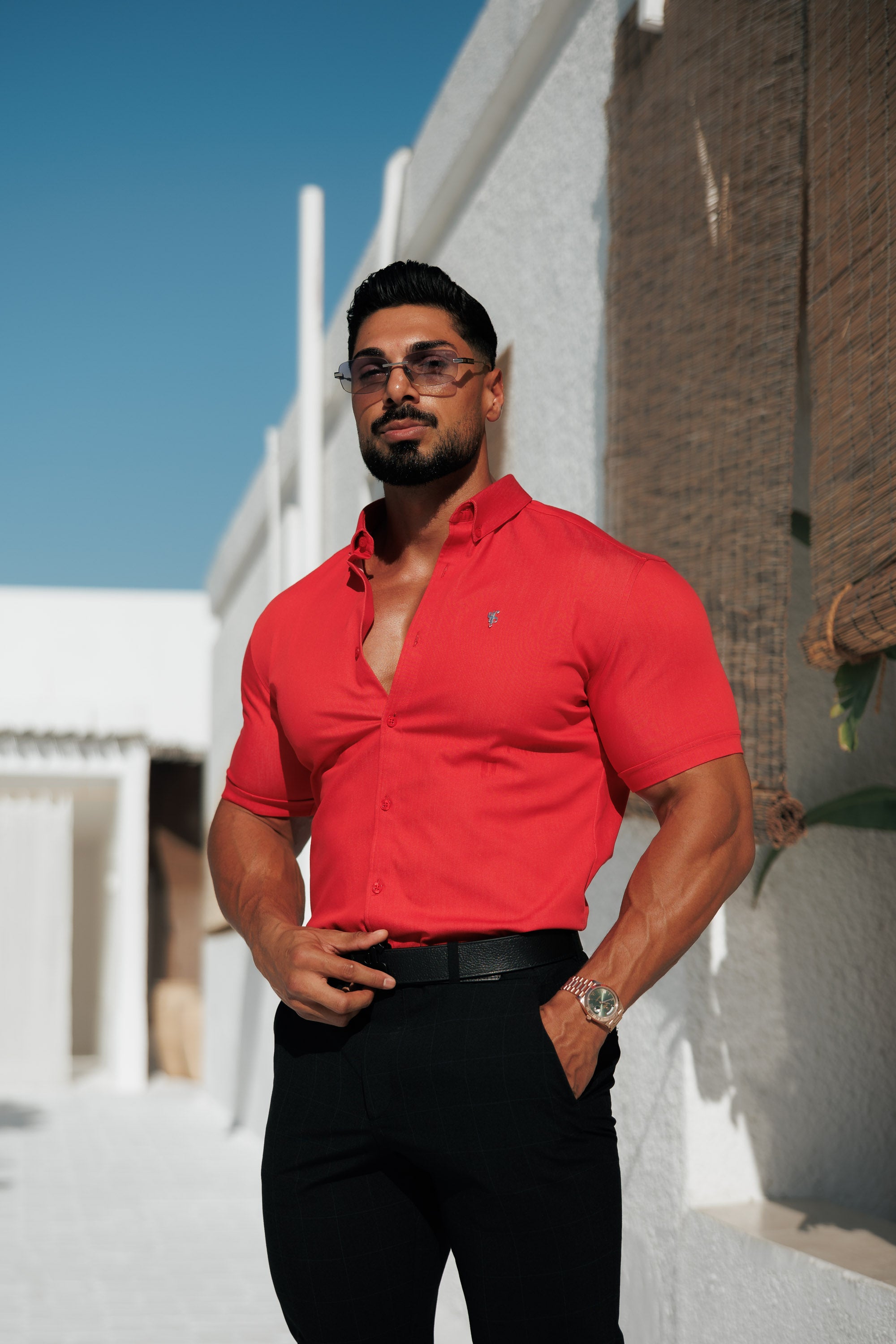 Super Slim Stretch Postbox Red Denim Short Sleeve with Button Down Collar - FS1135