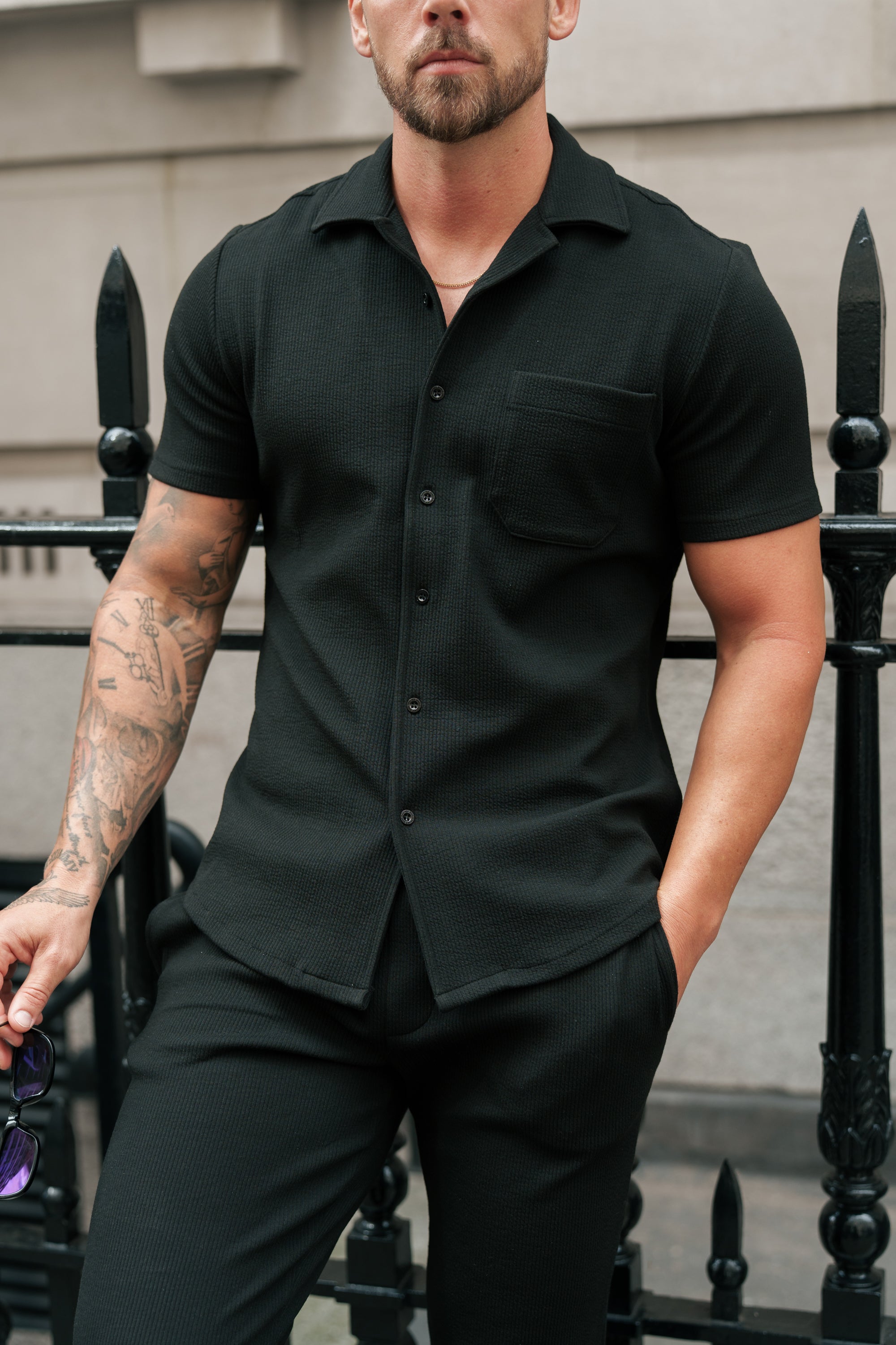 Jersey Cord Stretch Black Revere Shirt Short Sleeve - FSR018