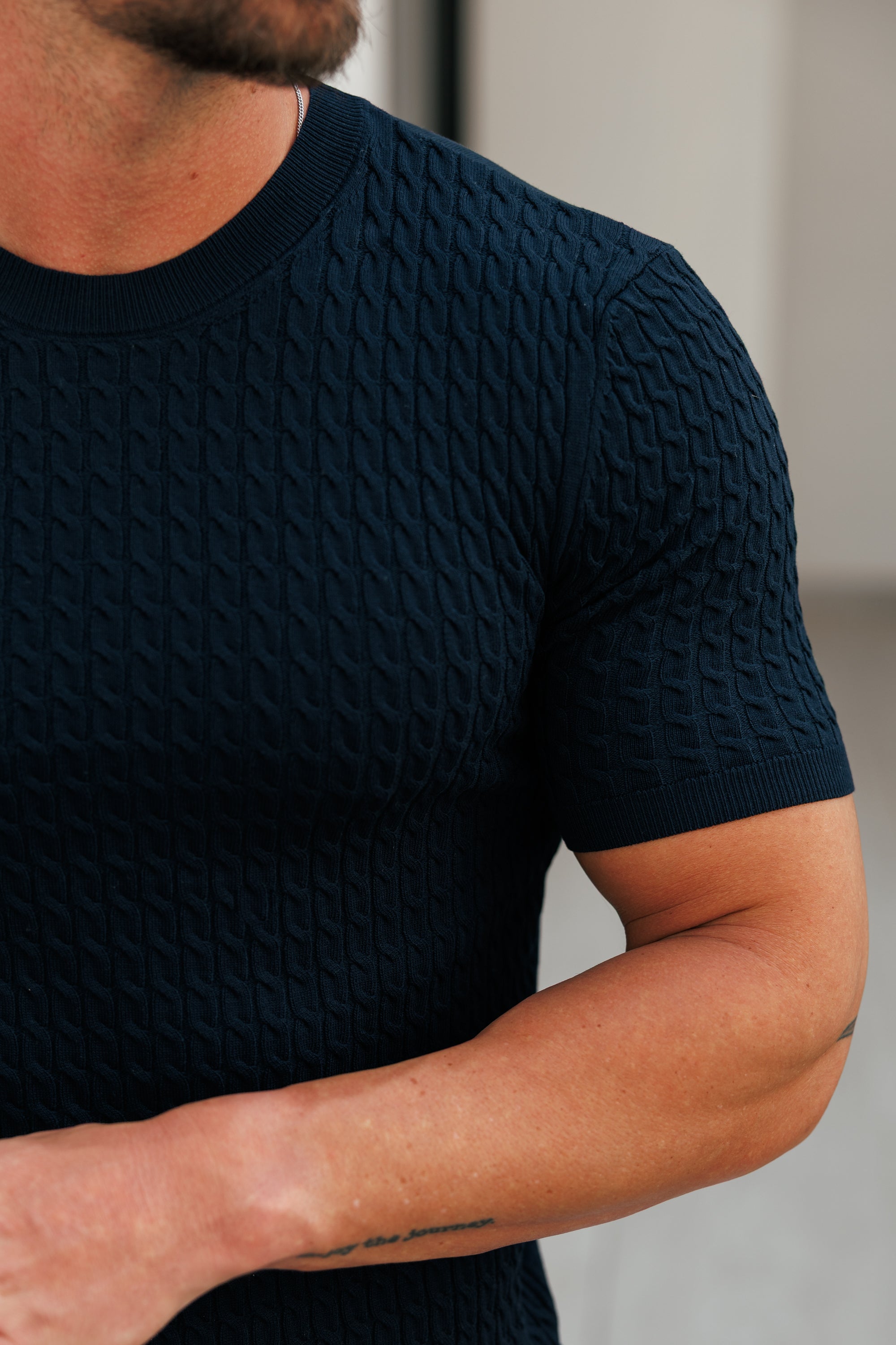 Front Chain Knit Crew Tshirt Navy Short Sleeve  -  FSR054