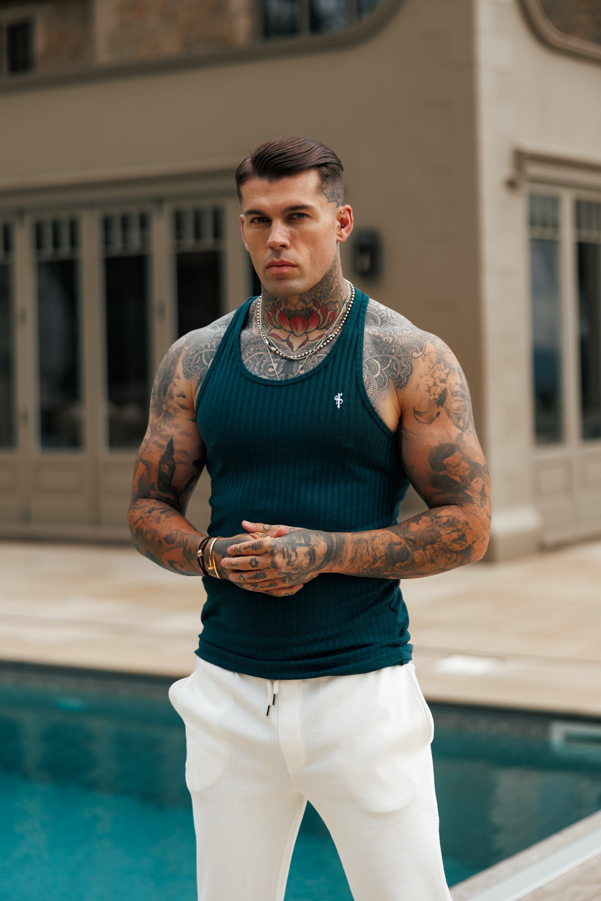 Forest Green / White Ribbed Knit Super Slim Vest - FSH1327