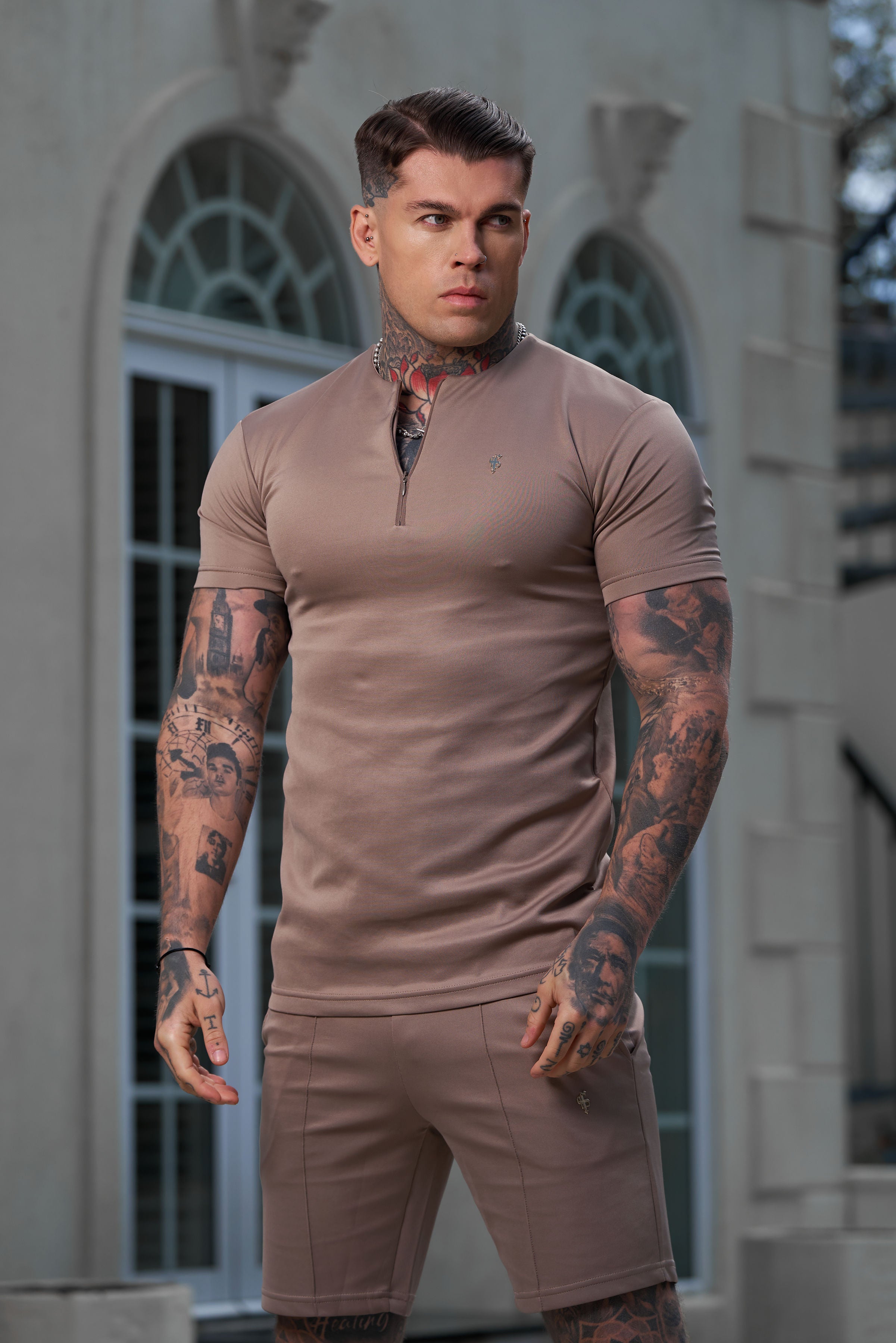 Scuba Taupe / Gold Elasticated Drawstring Pintuck Shorts - FSH1037