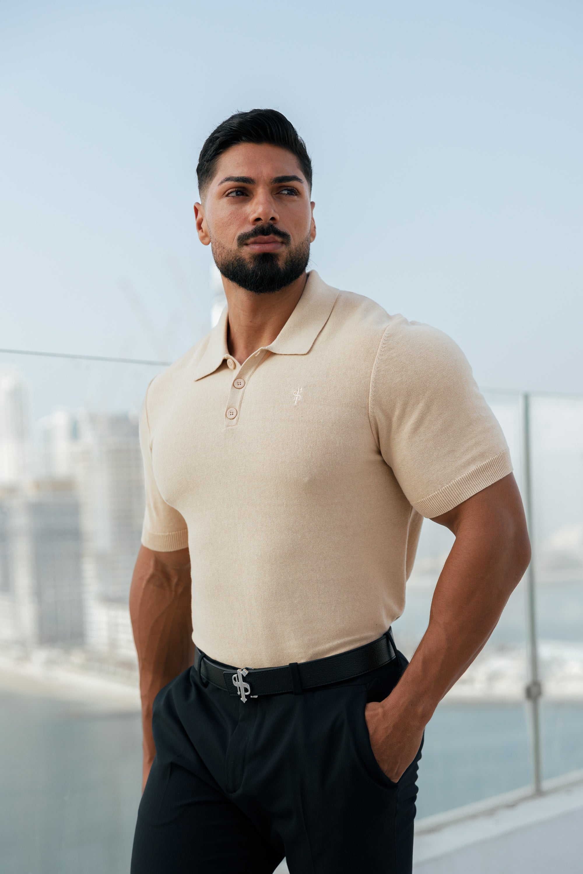 Classic Plain Beige Knitted Polo Short Sleeve - FSN111
