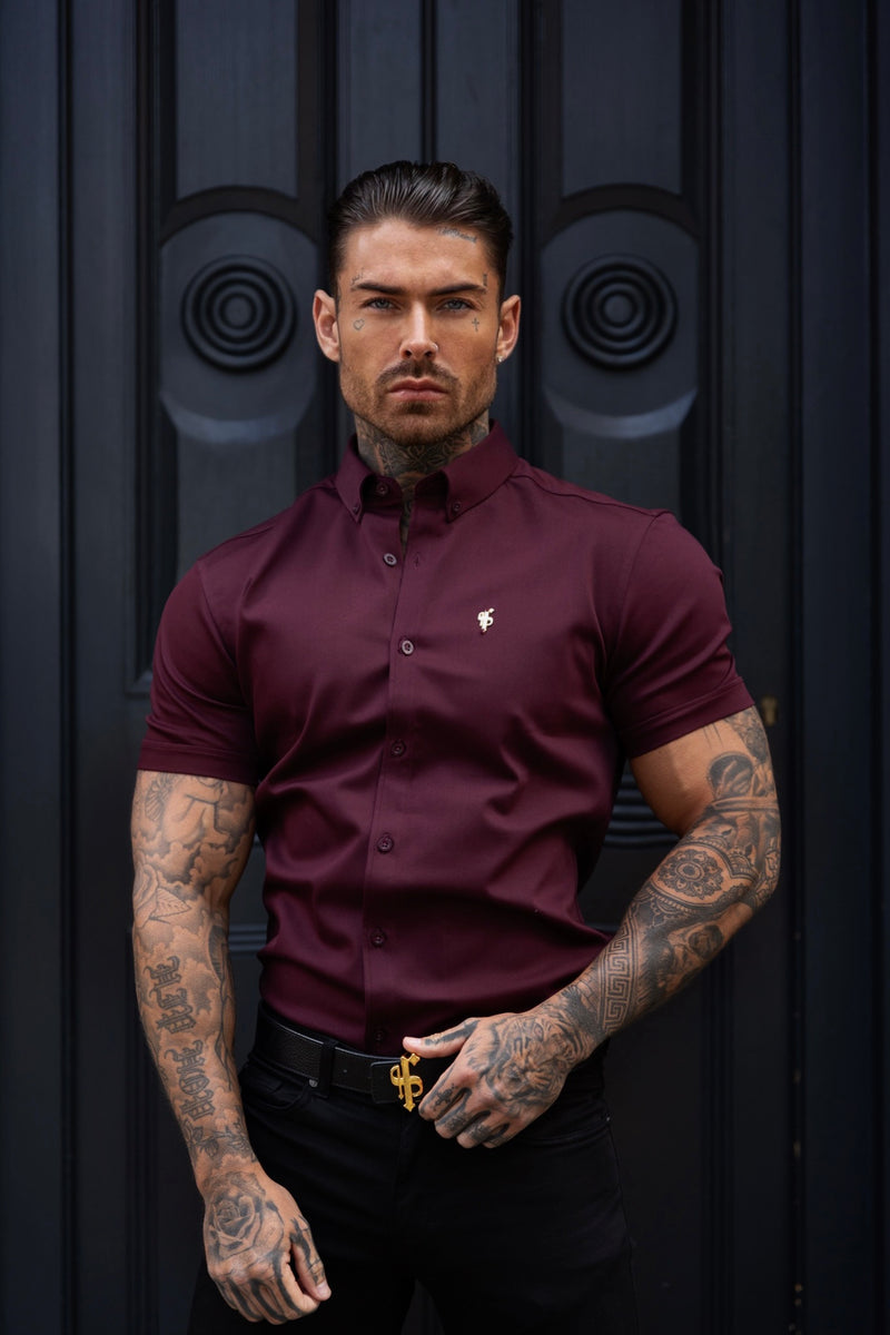 Father Sons Super Slim Stretch Burgundy Denim Short Sleeve with Gold Metal Decal and Button Down Collar - FS1045