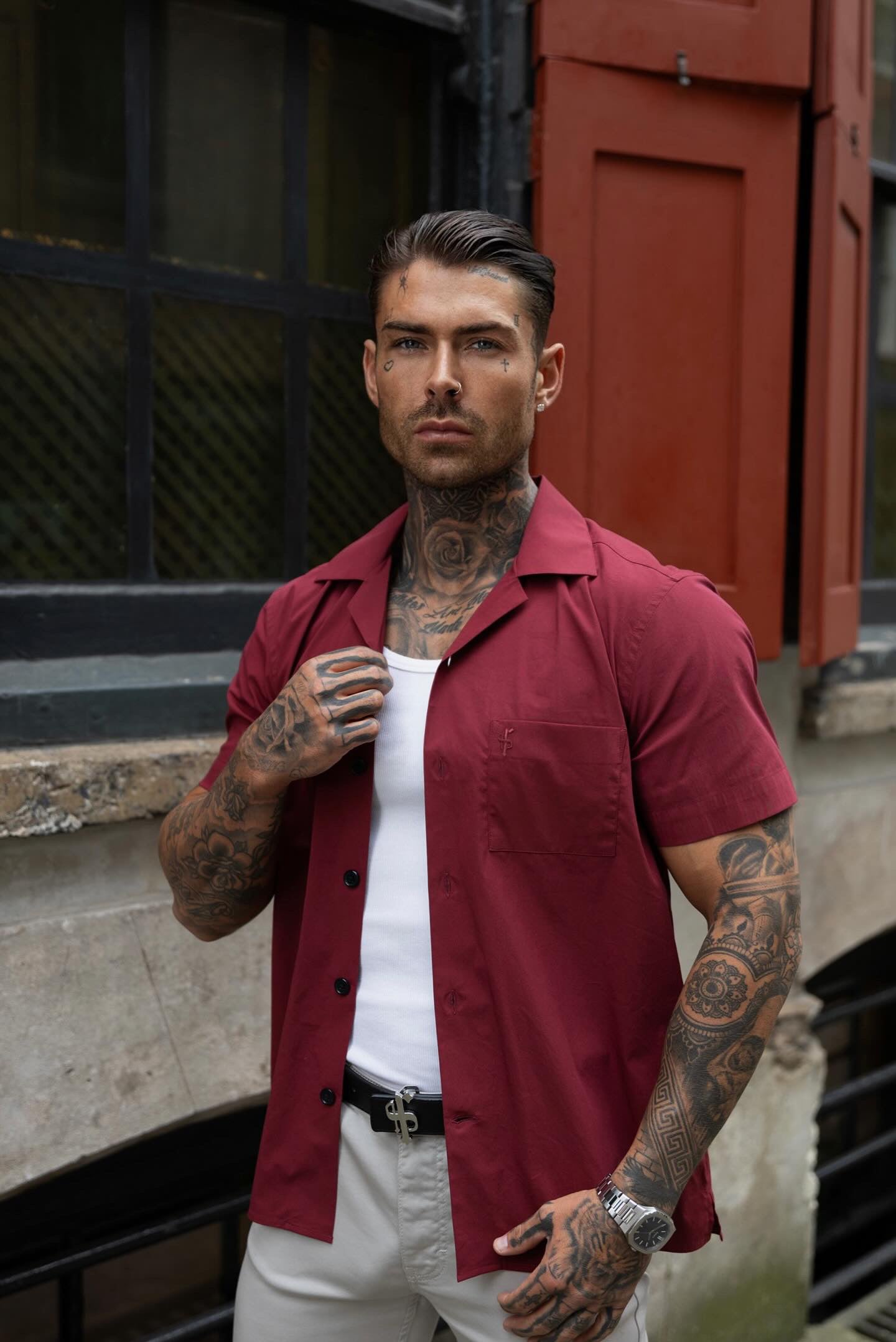 Hawaiian Boxy Burgundy Revere Collar Short Sleeve with Pocket - FS1051