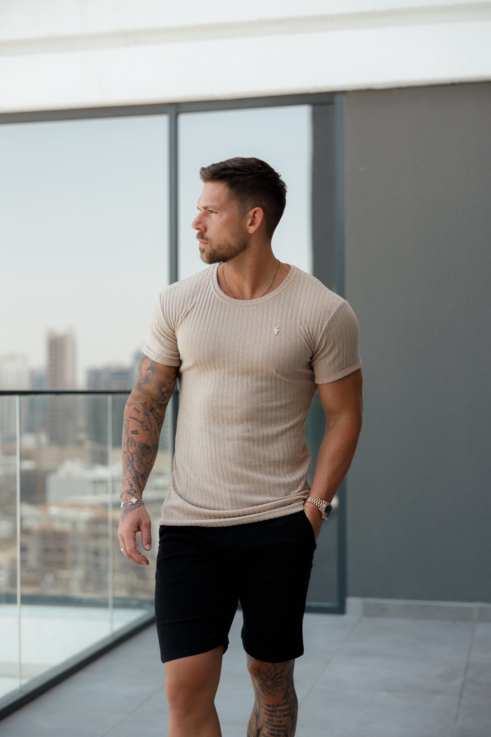 Classic Beige / Gold Ribbed Knit Super Slim Short Sleeve Crew - FSH1088