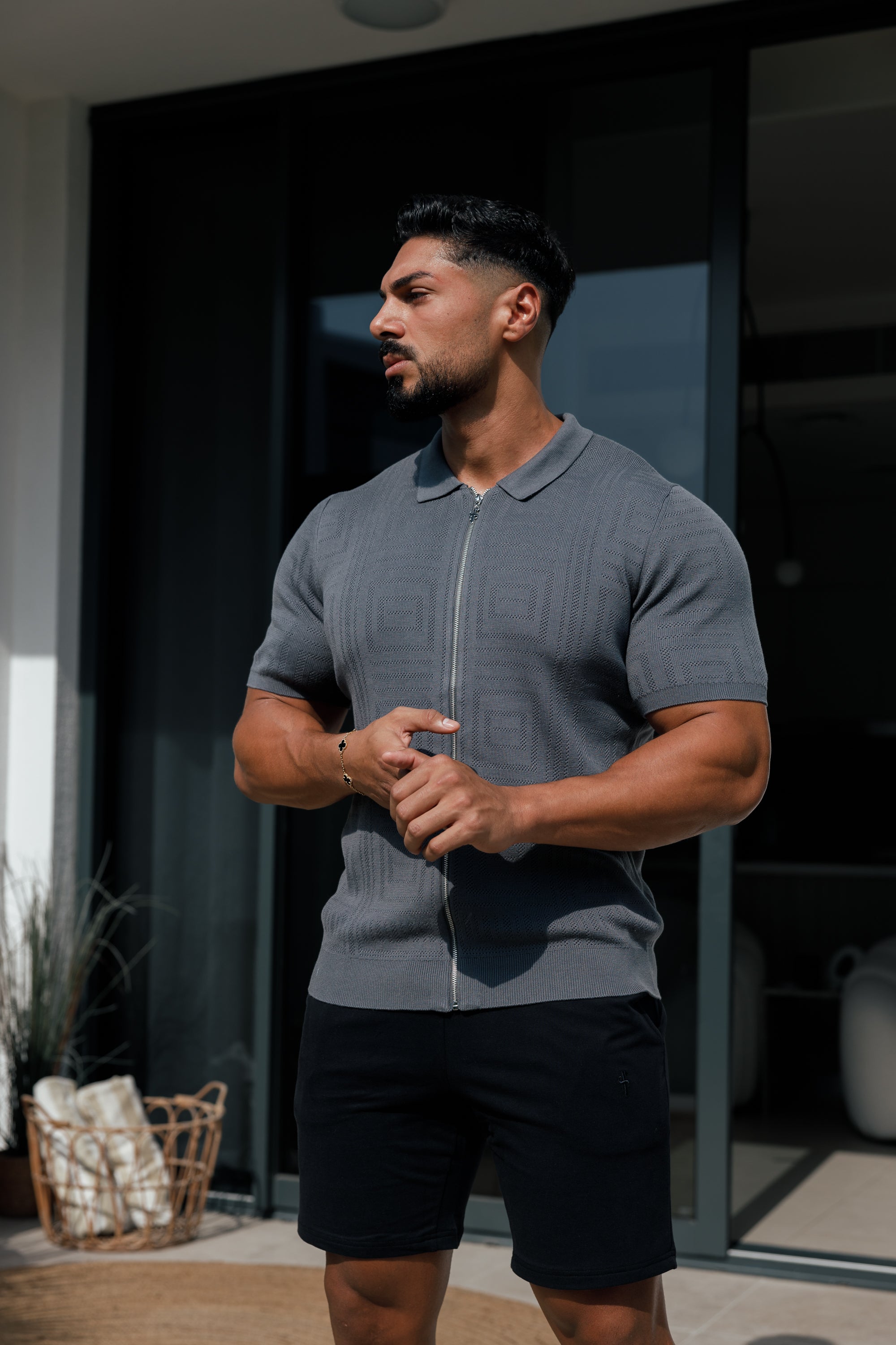Classic Knitted Geo Design With Full Length Zip Gunmetal Short Sleeve - FSN150