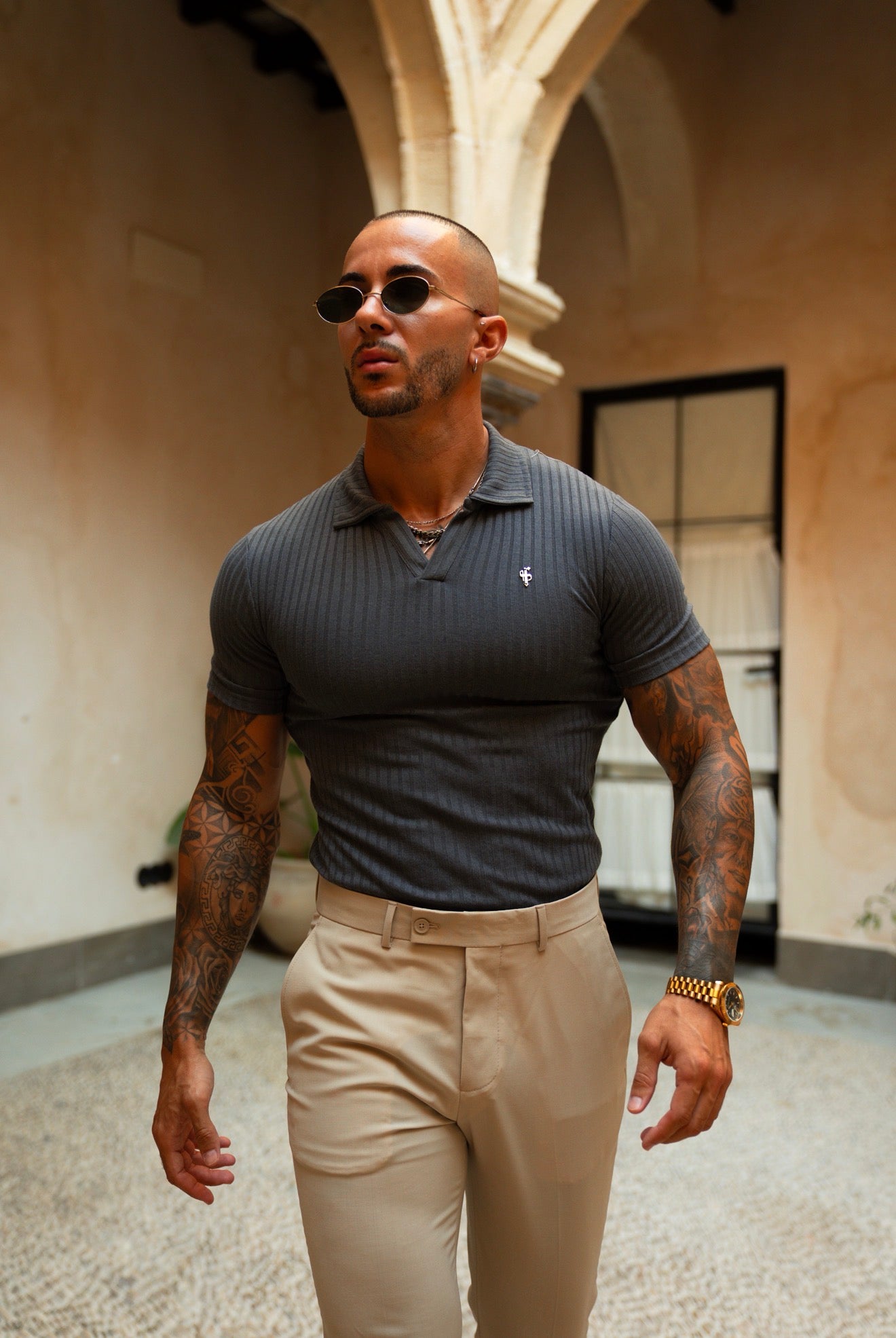 Charcoal / Silver Ribbed Revere Short Sleeve Polo Shirt - FSH1463