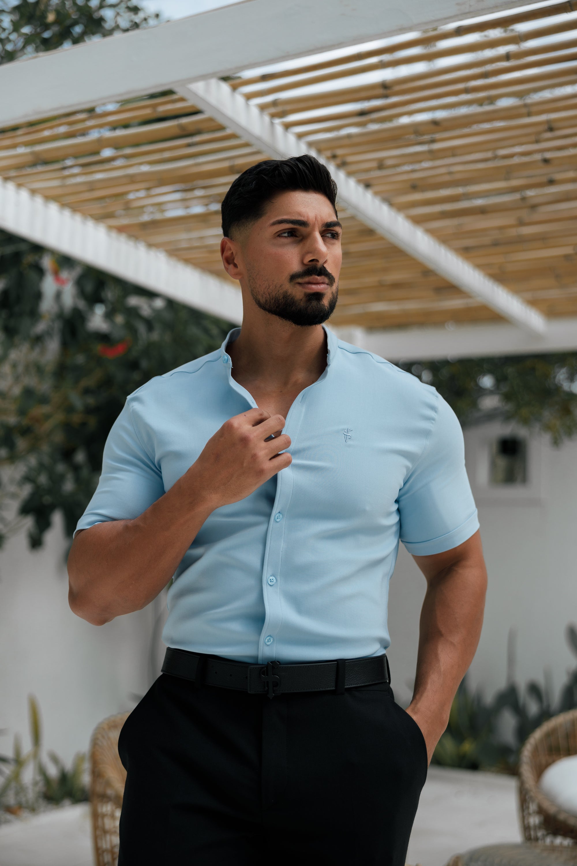 Super Slim Scuba Light Blue Short Sleeve Stretch With Grandad Collar Shirt - FS1003