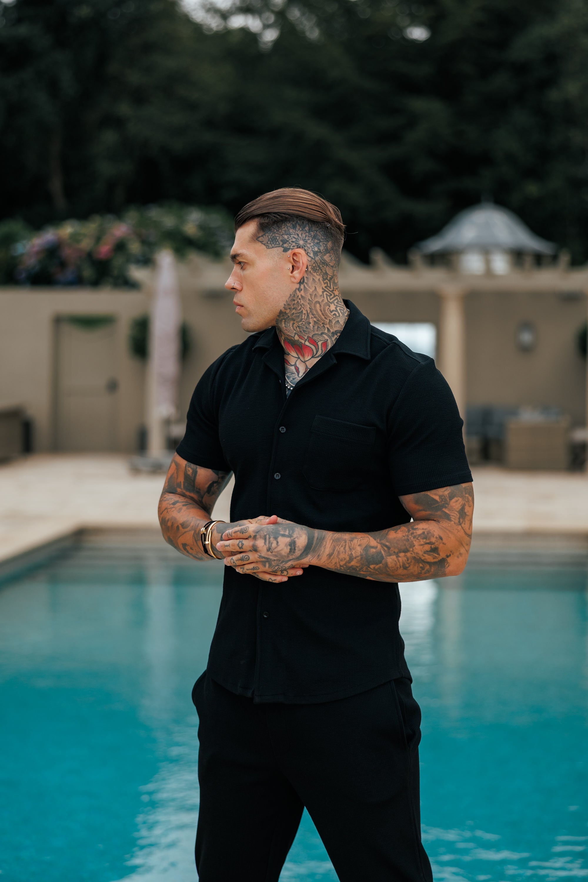 Jersey Cord Stretch Black Revere Shirt Short Sleeve - FSR018