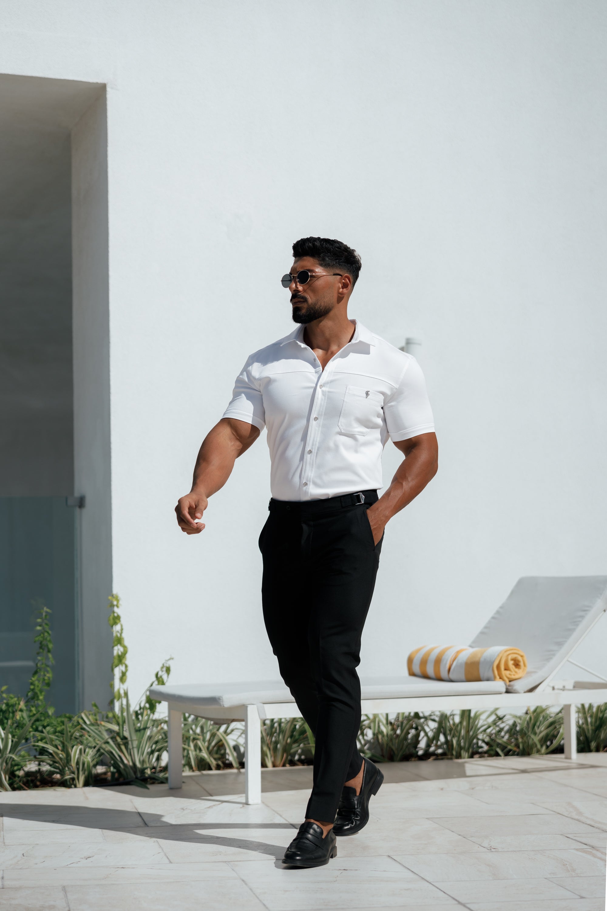 Super Slim Stretch White Denim Short Sleeve with Horizontal Seam and Pocket- FS956