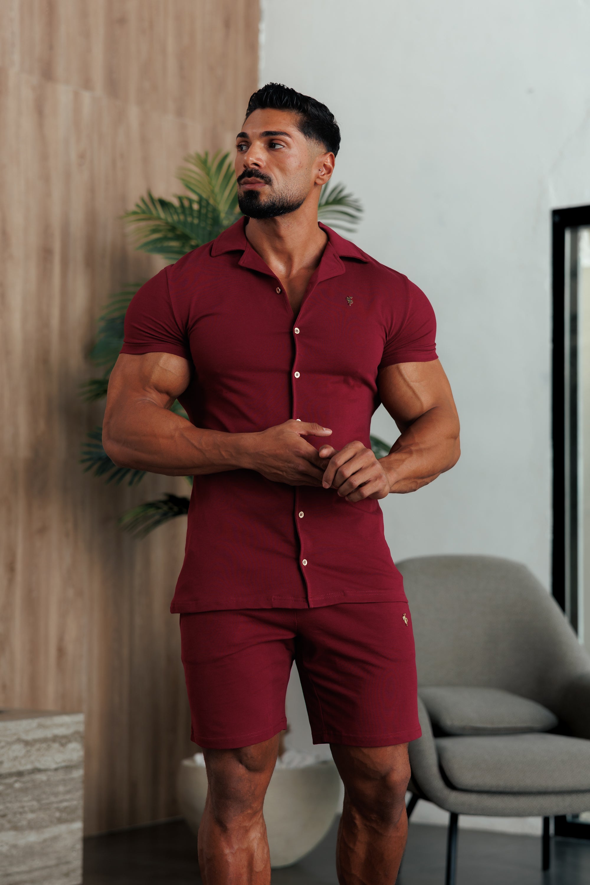 Stretch Wine / Gold Pique Revere Shirt Short Sleeve - FSH1388