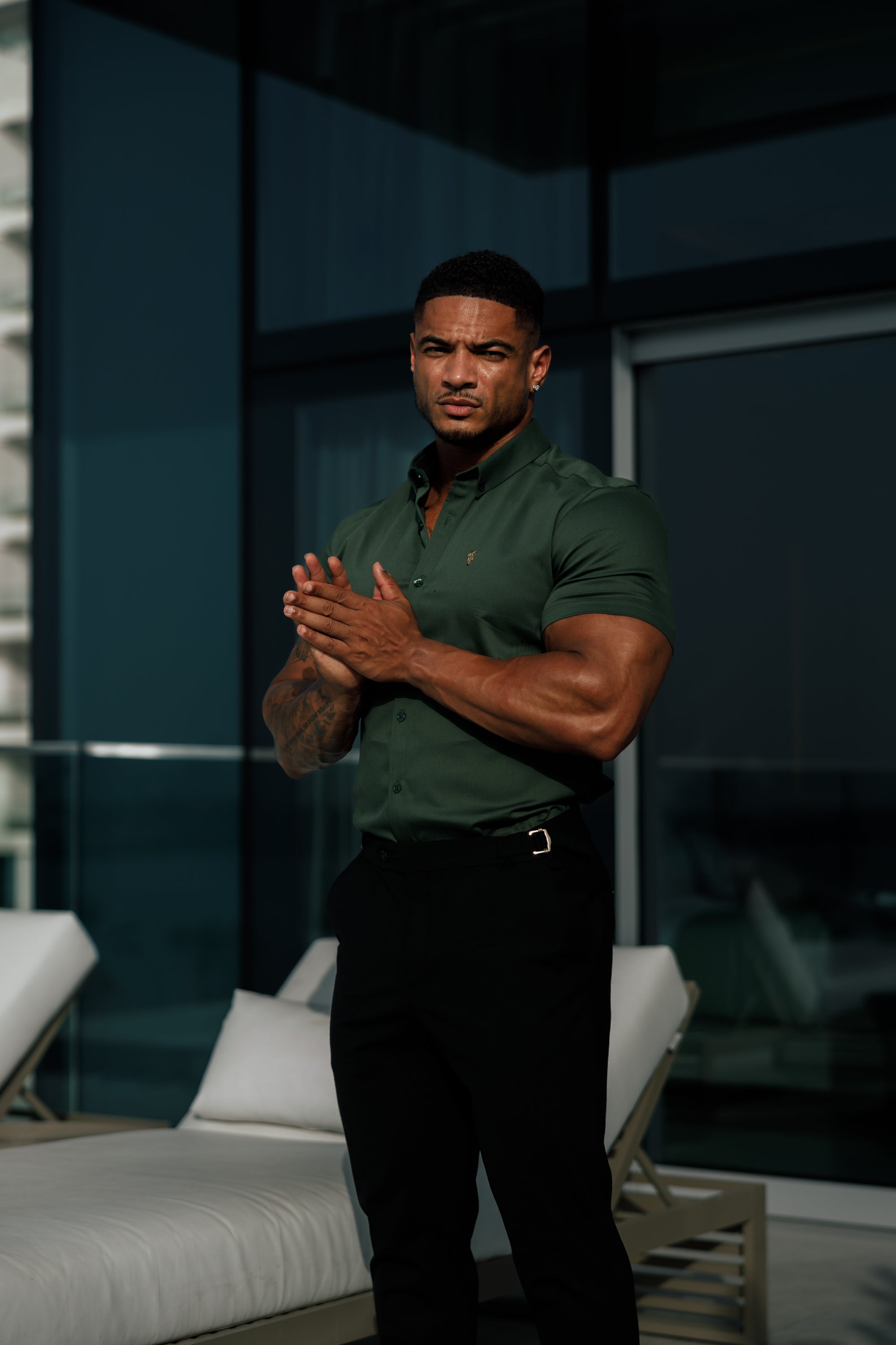 Super Slim Stretch Khaki Denim Short Sleeve with Gold Metal Decal and Button Down Collar - FS1043