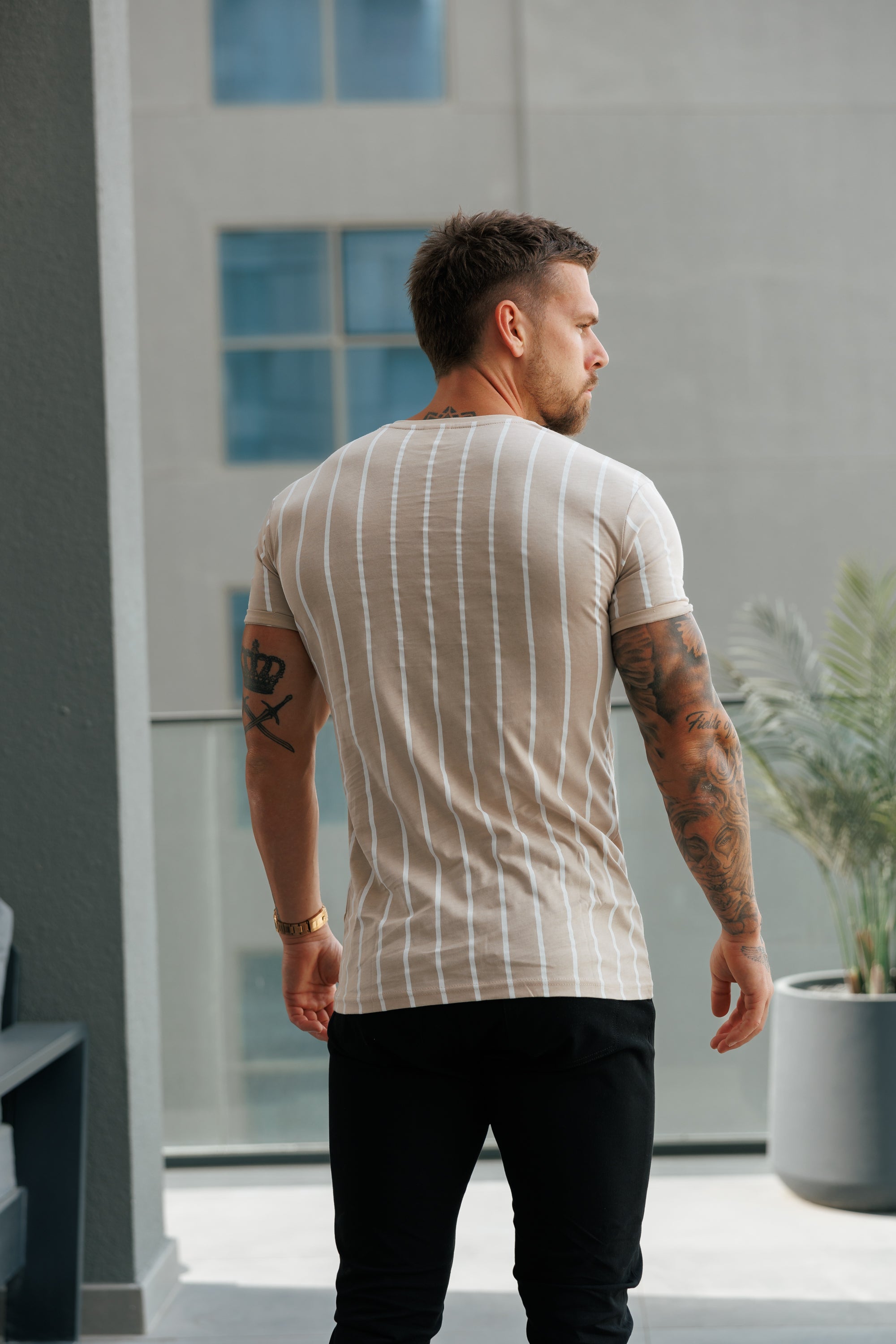 Printed Taupe / White Stripe Fitted T Shirt - FSH1170