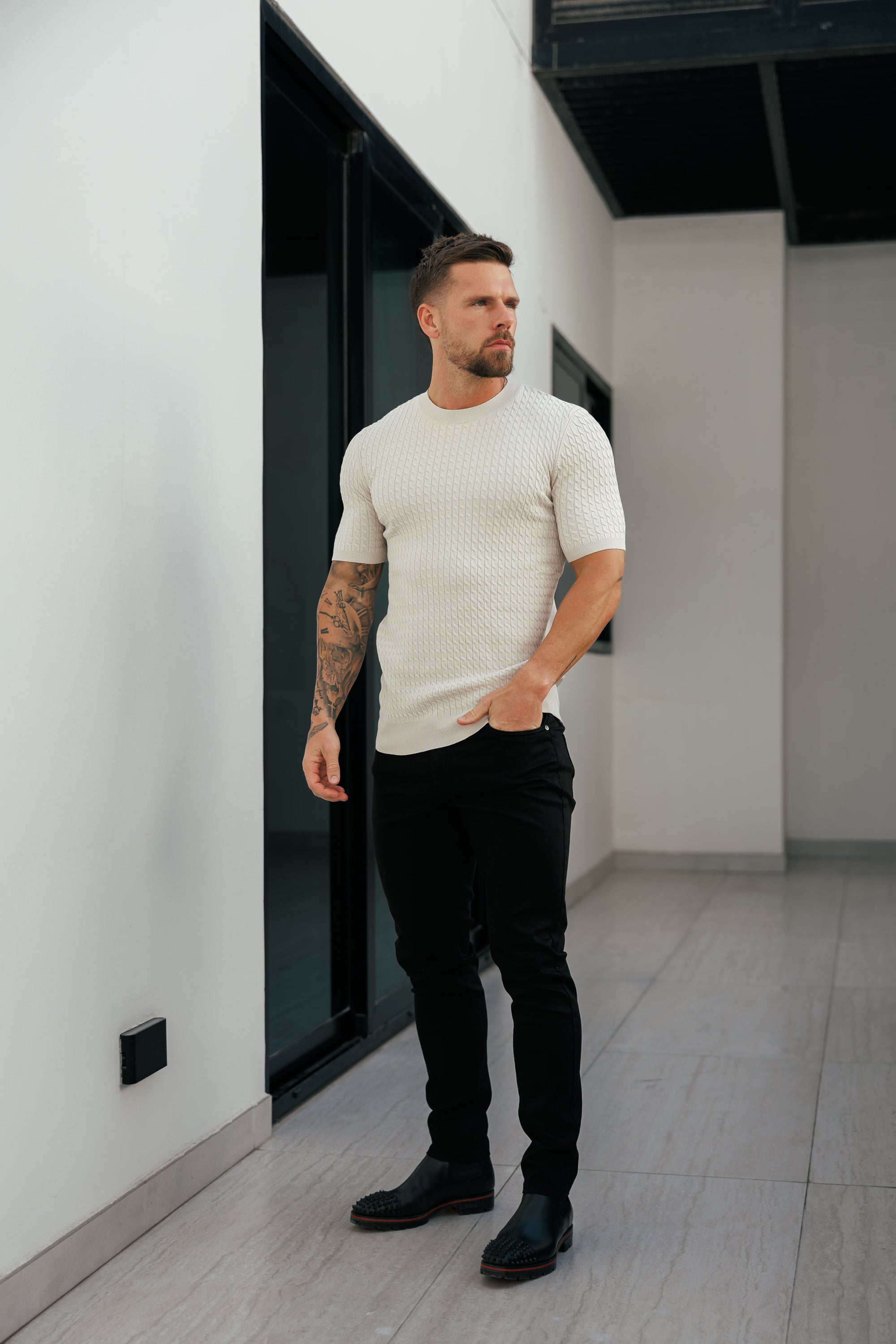 Front Chain Knit Crew Tshirt Cream Short Sleeve  -  FSR057