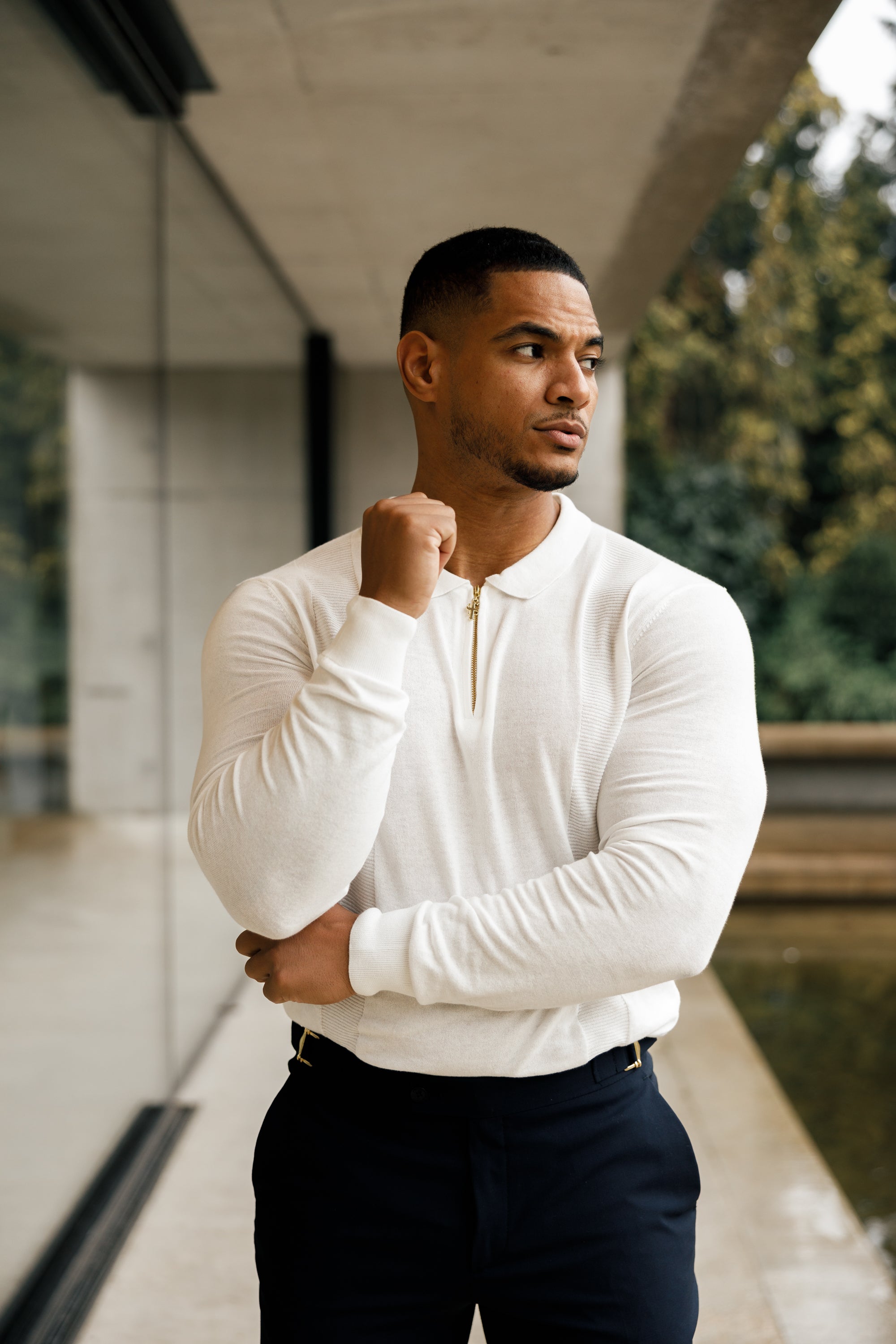 Classic White and Gold Zip Knitted Polo Shirt  Long Sleeve - FSN125