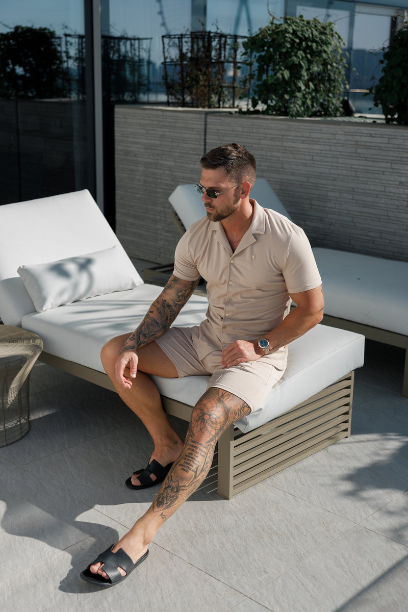 Father Sons Stretch Beige / Gold Pique Revere Shirt Short Sleeve - FSH1075