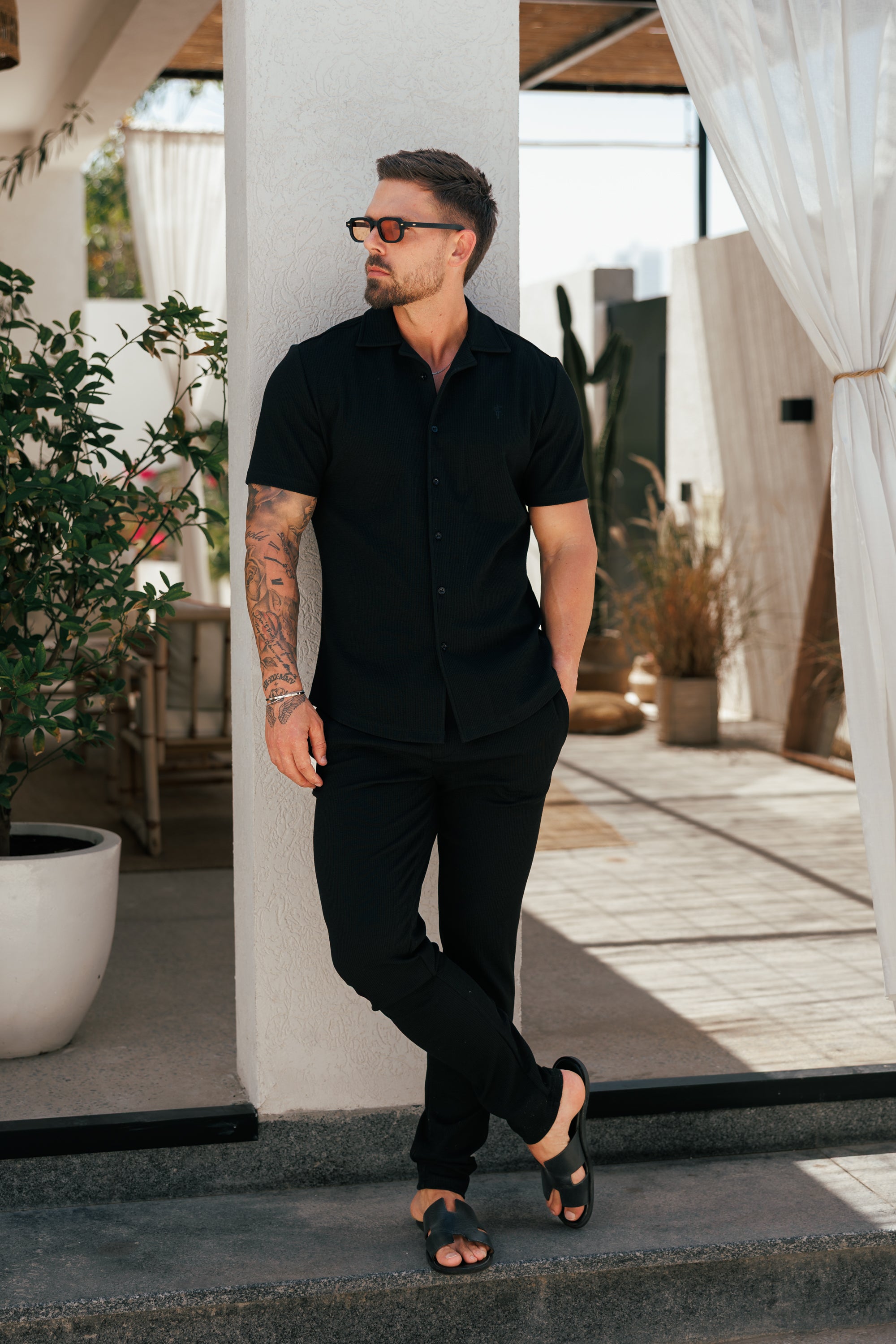Jersey Cord Stretch Black Revere Shirt Short Sleeve - FSR070