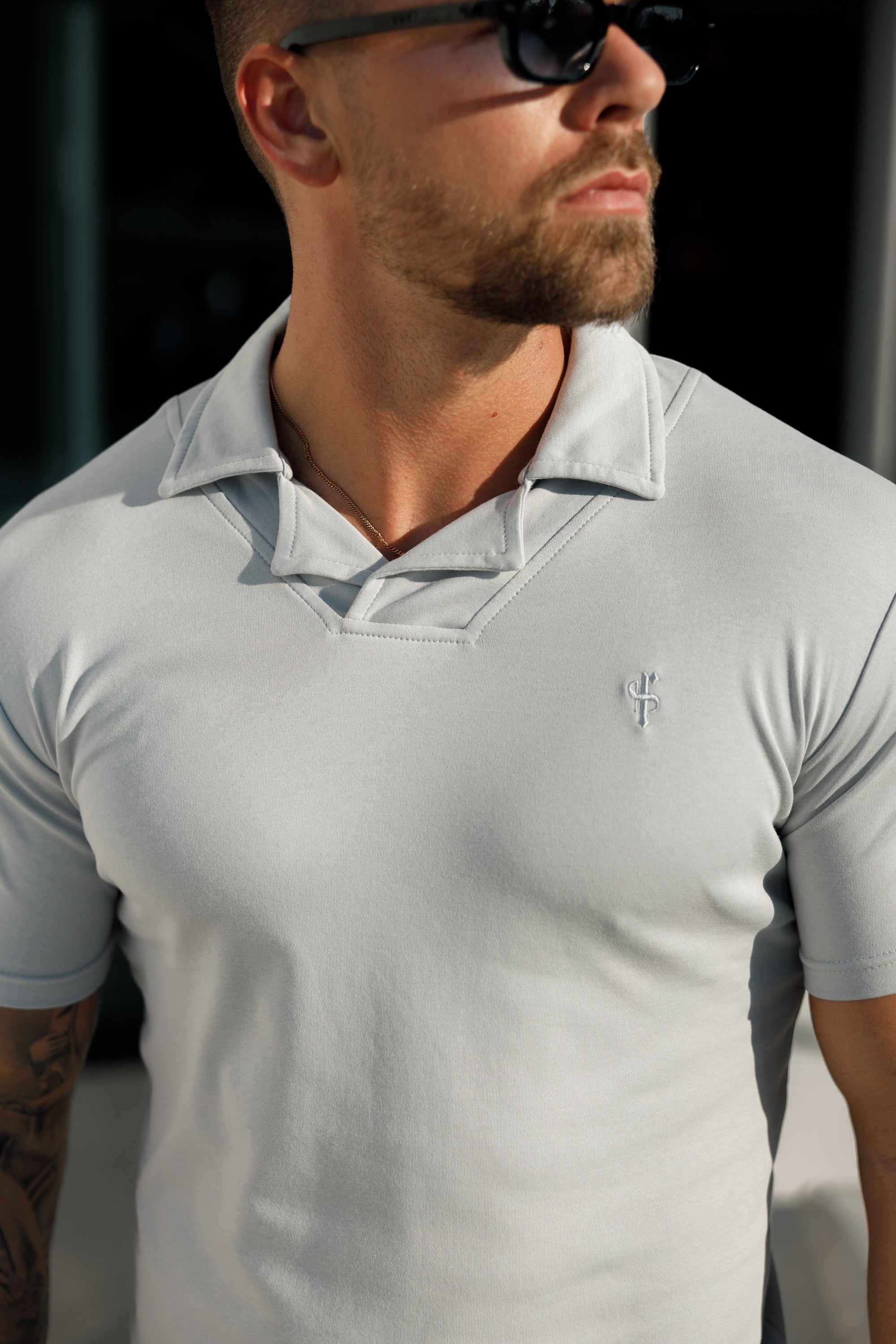 Classic Light Grey Polo Shirt With Revere Collar - FSH1063