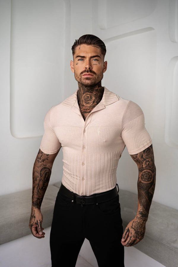 Father Sons Jersey Revere Vertical Stripe Beige Shirt Short Sleeve - FSR026