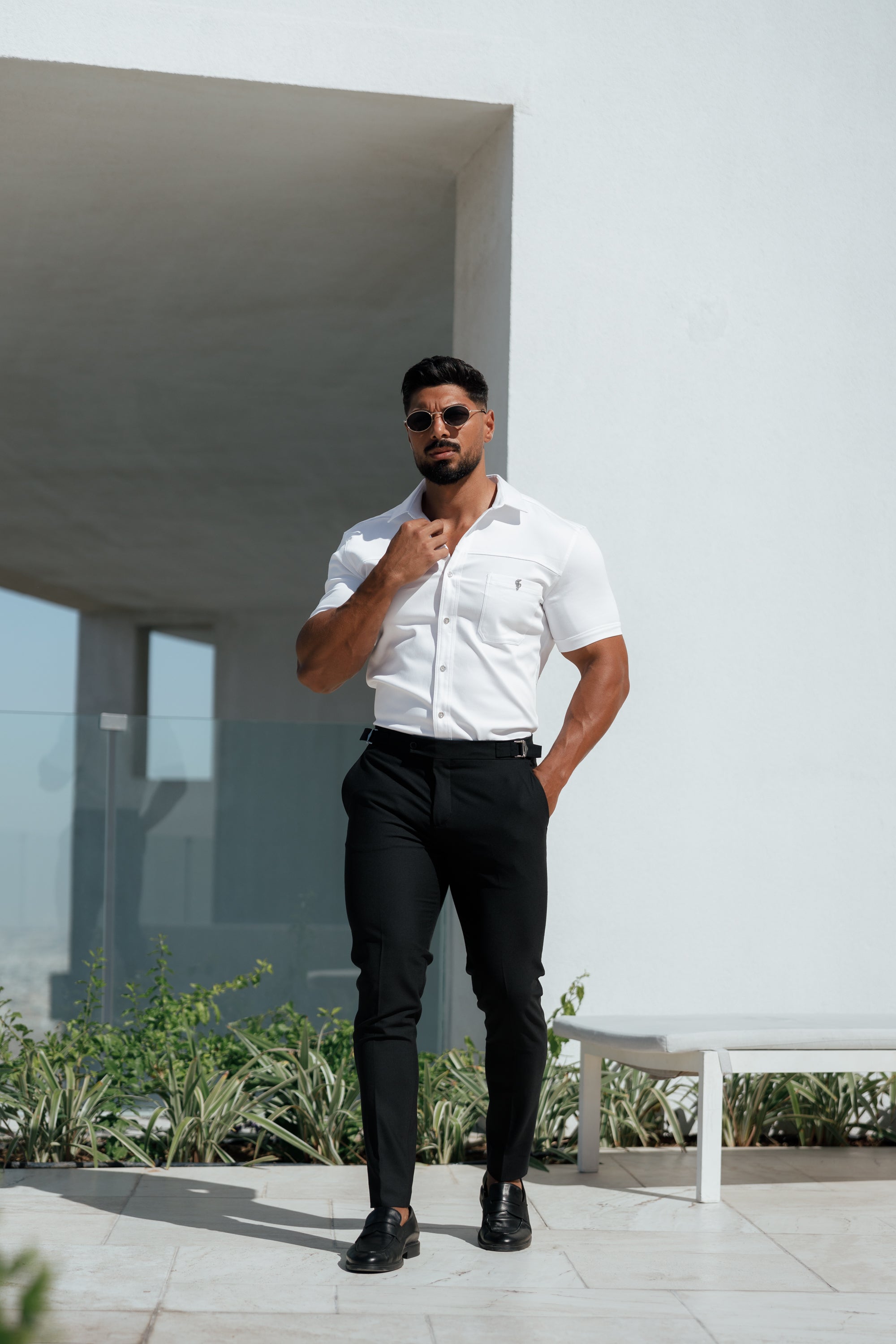 Super Slim Stretch White Denim Short Sleeve with Horizontal Seam and Pocket- FS956