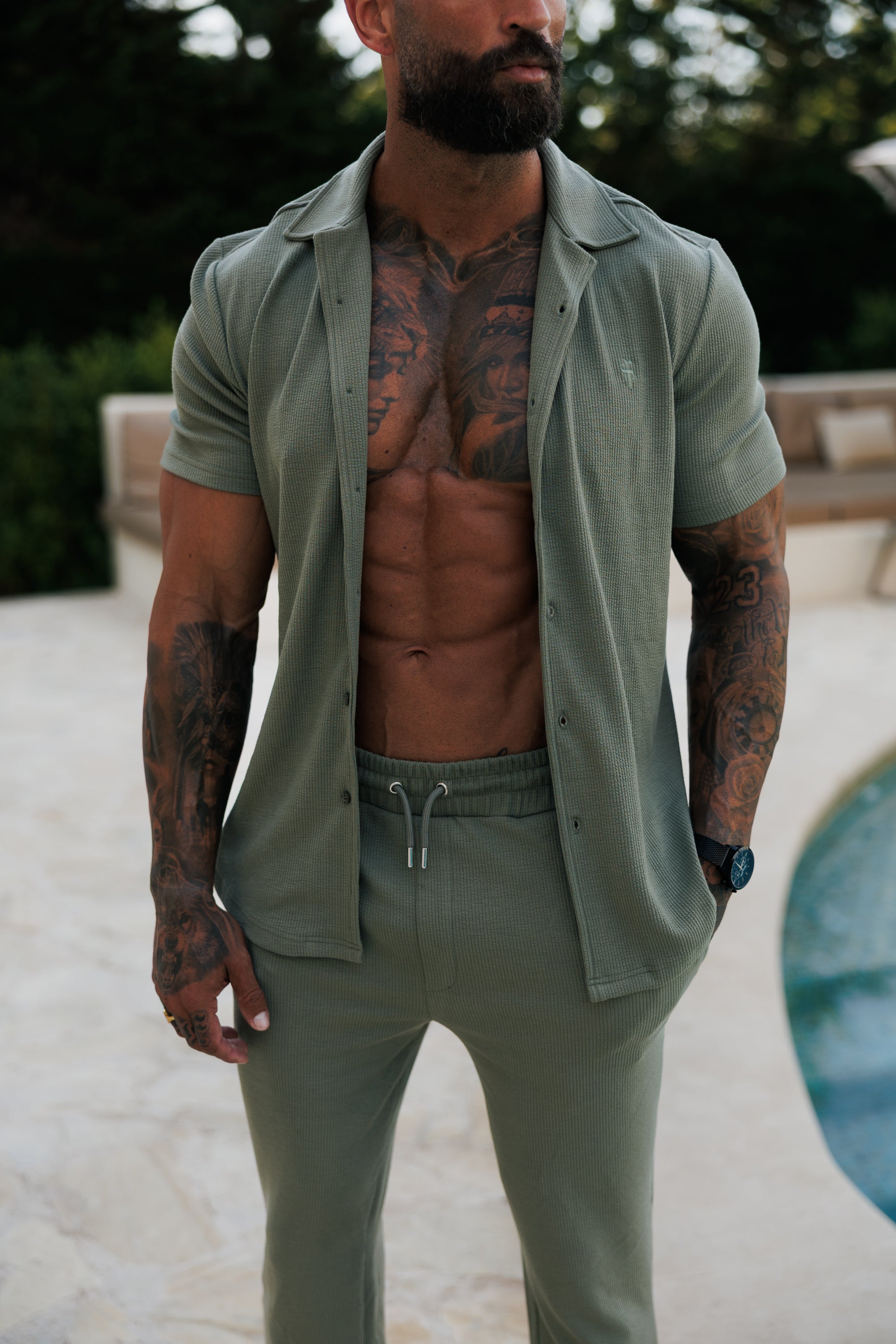 Jersey Cord Stretch Olive Revere Shirt Short Sleeve - FSR072