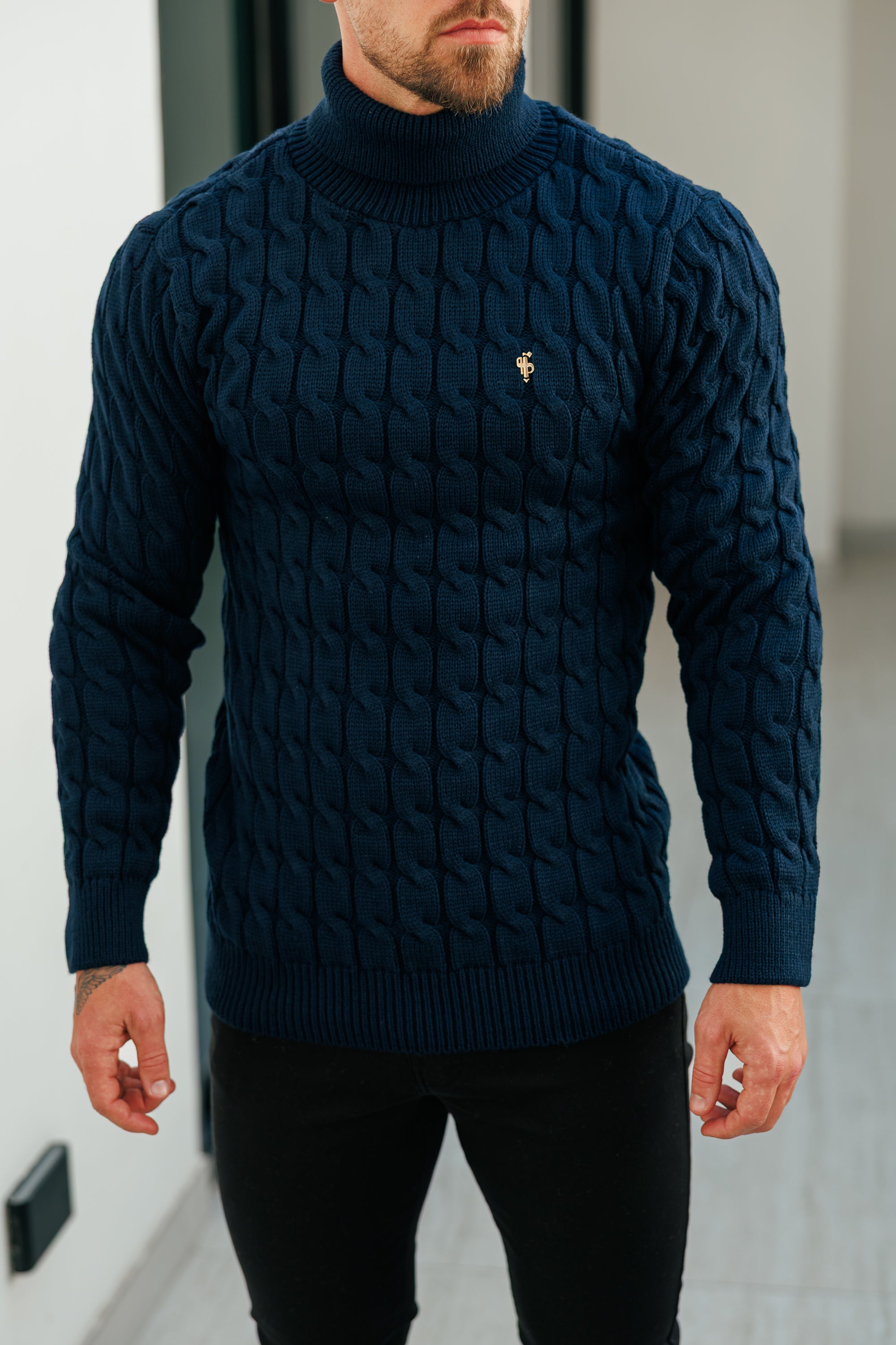 Link Weave Knit Navy Roll Neck Jumper - FSJ103
