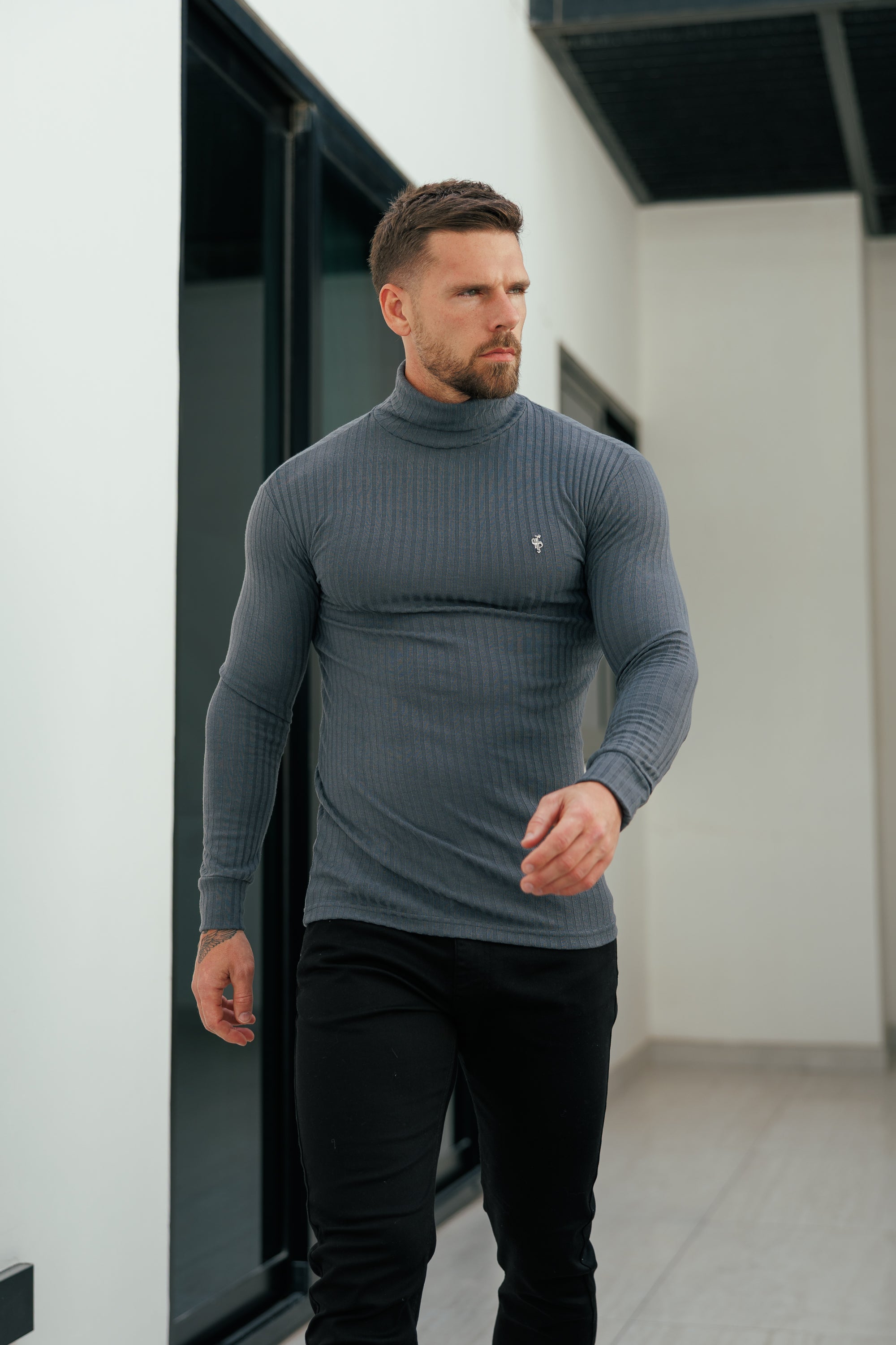 Father Sons Classic Charcoal / Silver Ribbed Knit Roll-neck Sweater - FSH955